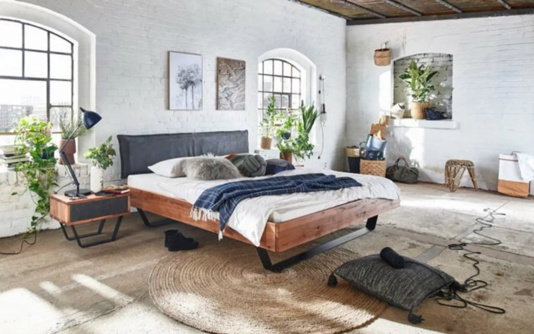 Natur24 Einzelbett Bett Ishoj 160x200cm Esche Bassano Lederkopfteil Anthraz günstig online kaufen