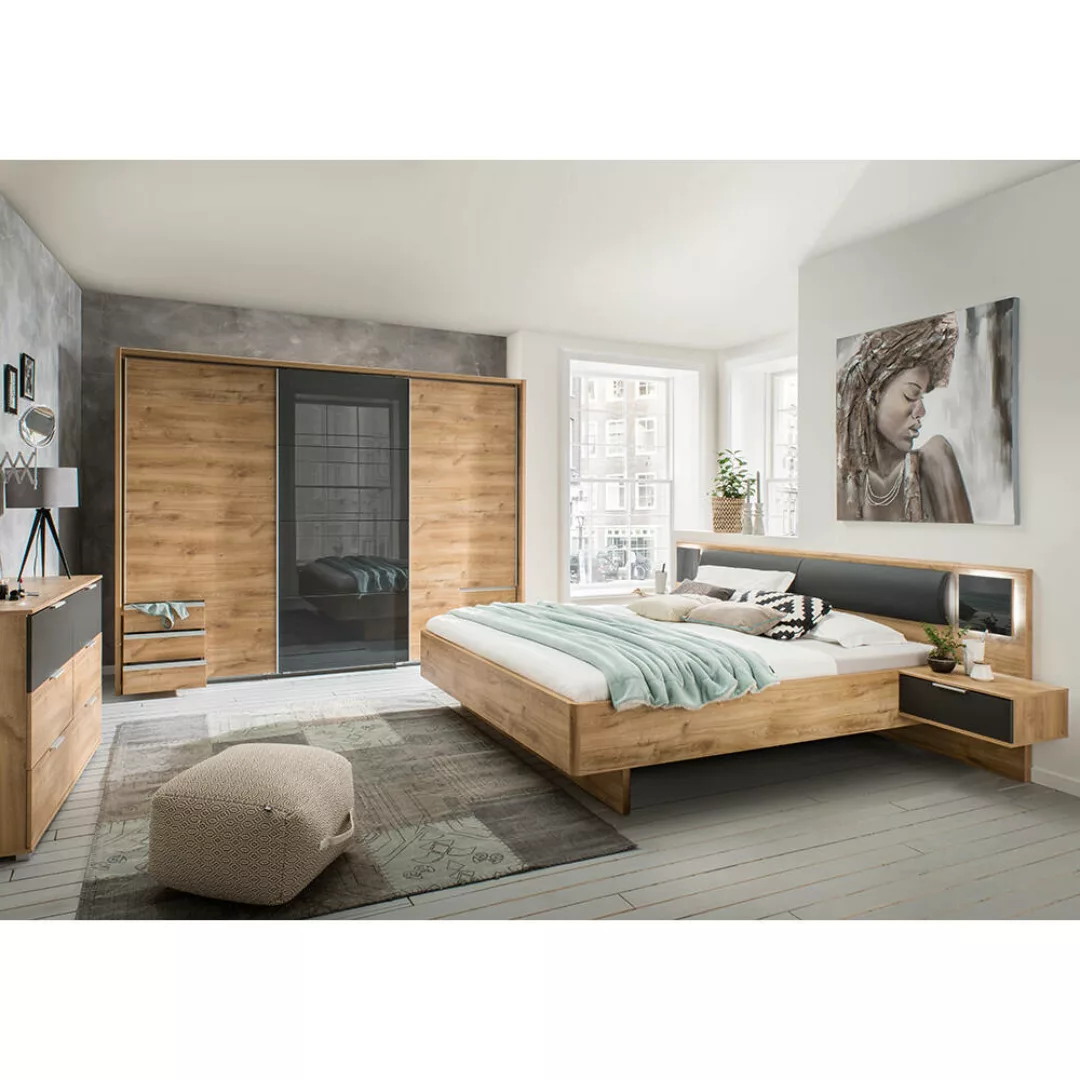 Schlafzimmer Set 3-teilig VIESTE-43 mit Bett 160x200 in graphit mit Eiche günstig online kaufen