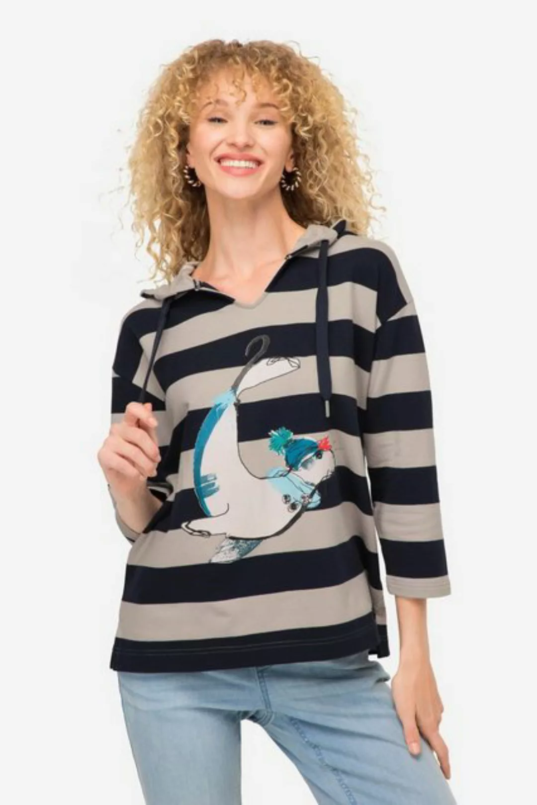 Laurasøn Sweatshirt Hoodie Ringel Robben-Print Kapuze 3/4-Ärmel günstig online kaufen