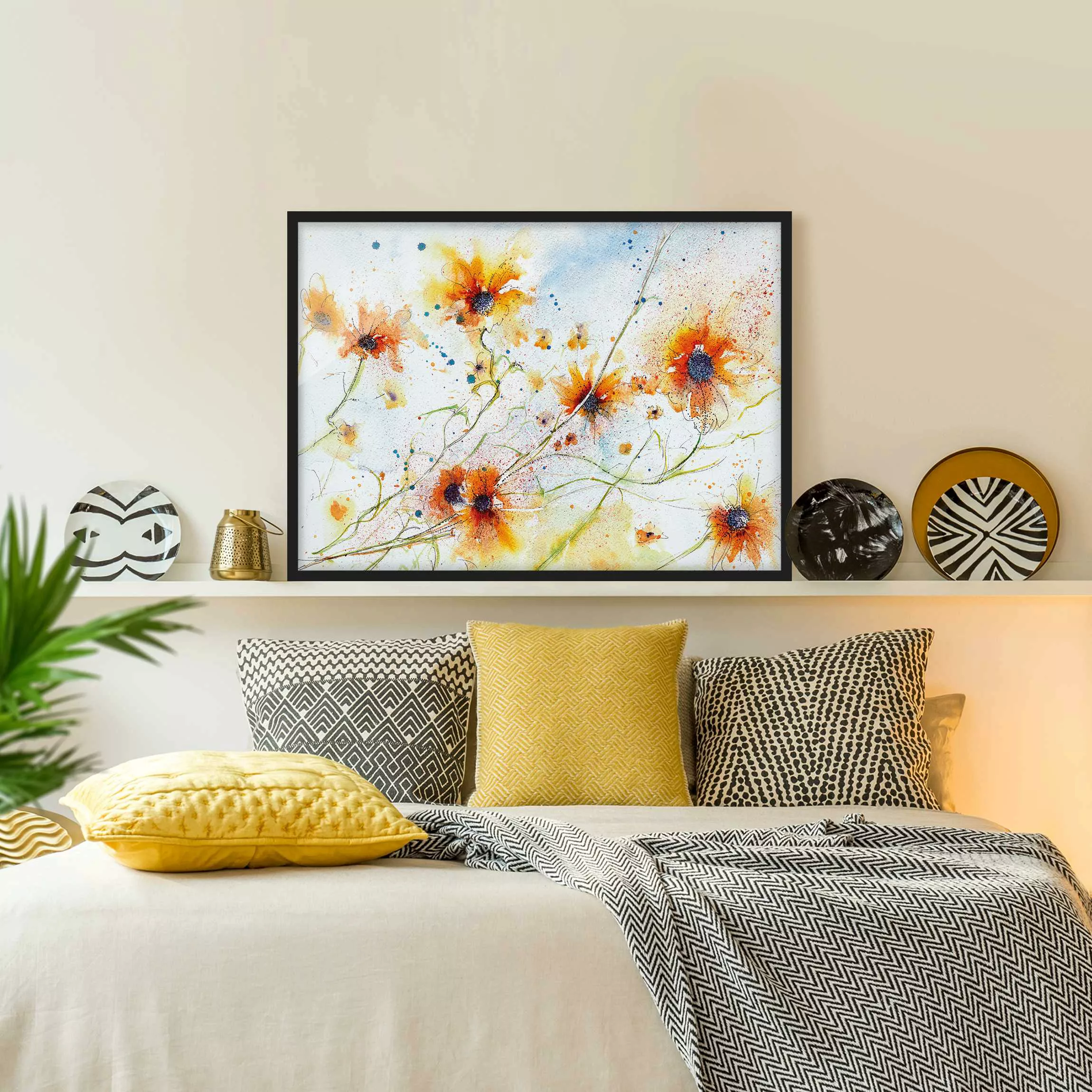 Bild mit Rahmen Blumen - Querformat Painted Flowers günstig online kaufen