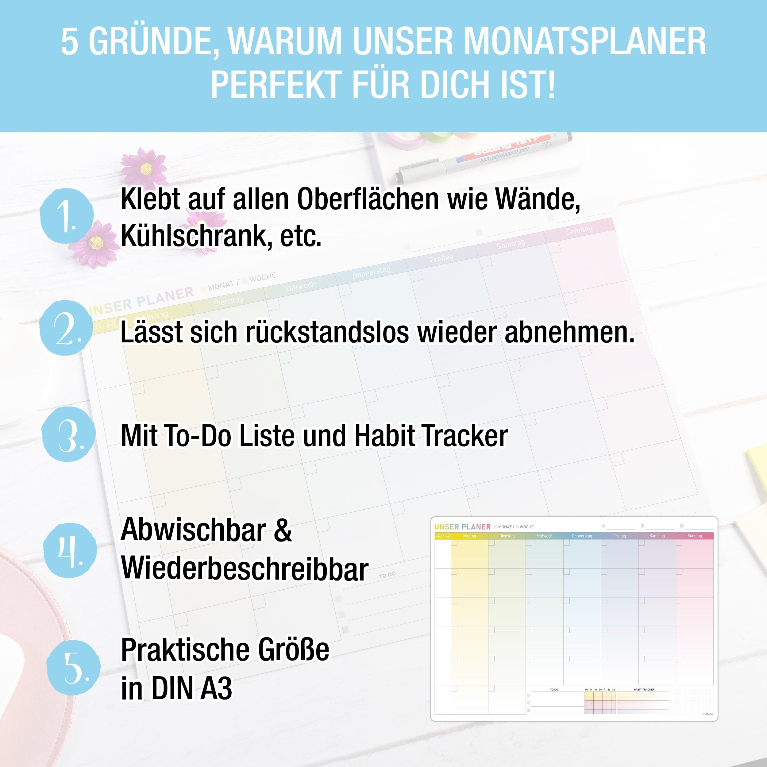 TOBJA Wandtafel A3 selbsthaftender Monatsplaner abwischbar, günstig online kaufen