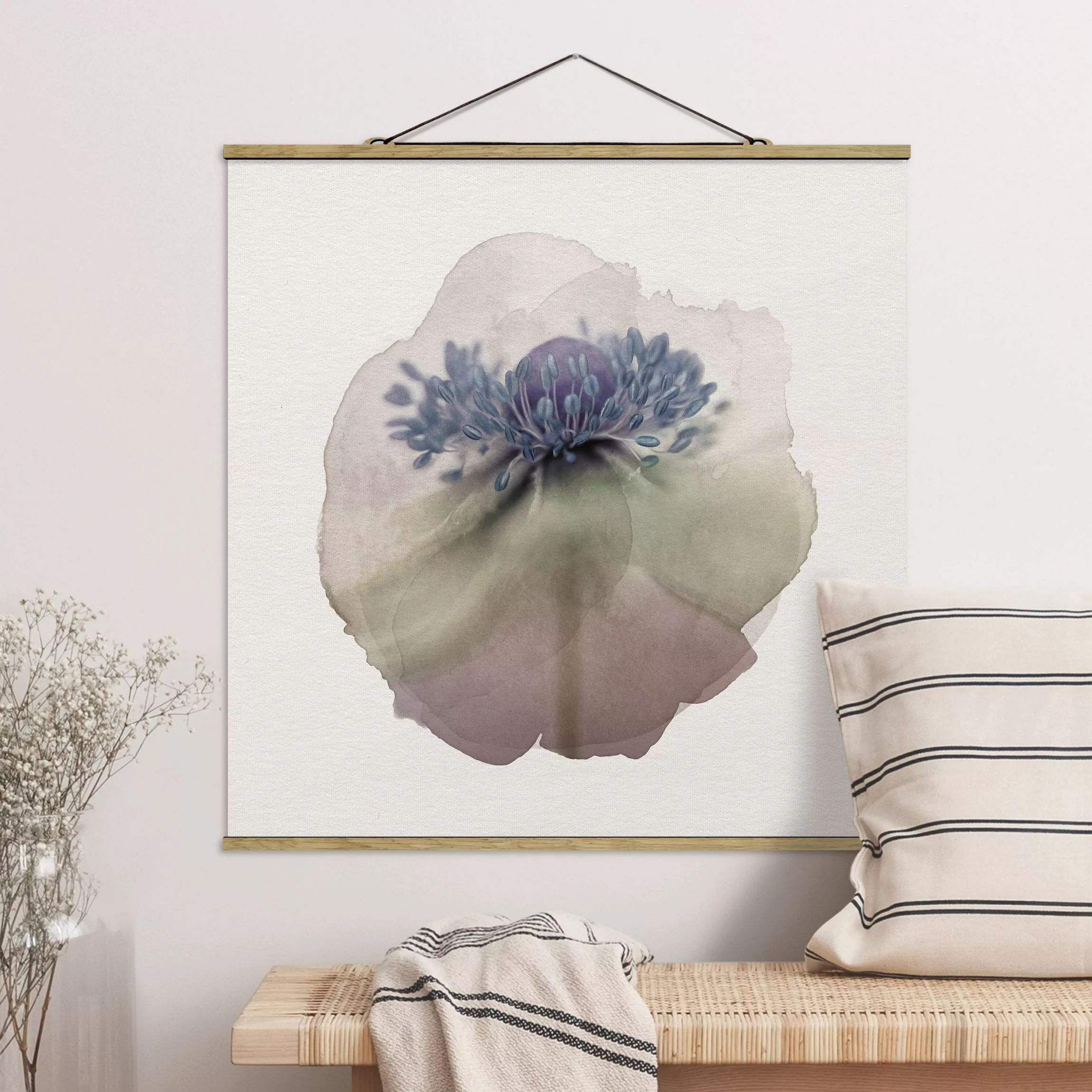 Stoffbild Blumen mit Posterleisten - Quadrat Wasserfarben - Anemone in Viol günstig online kaufen