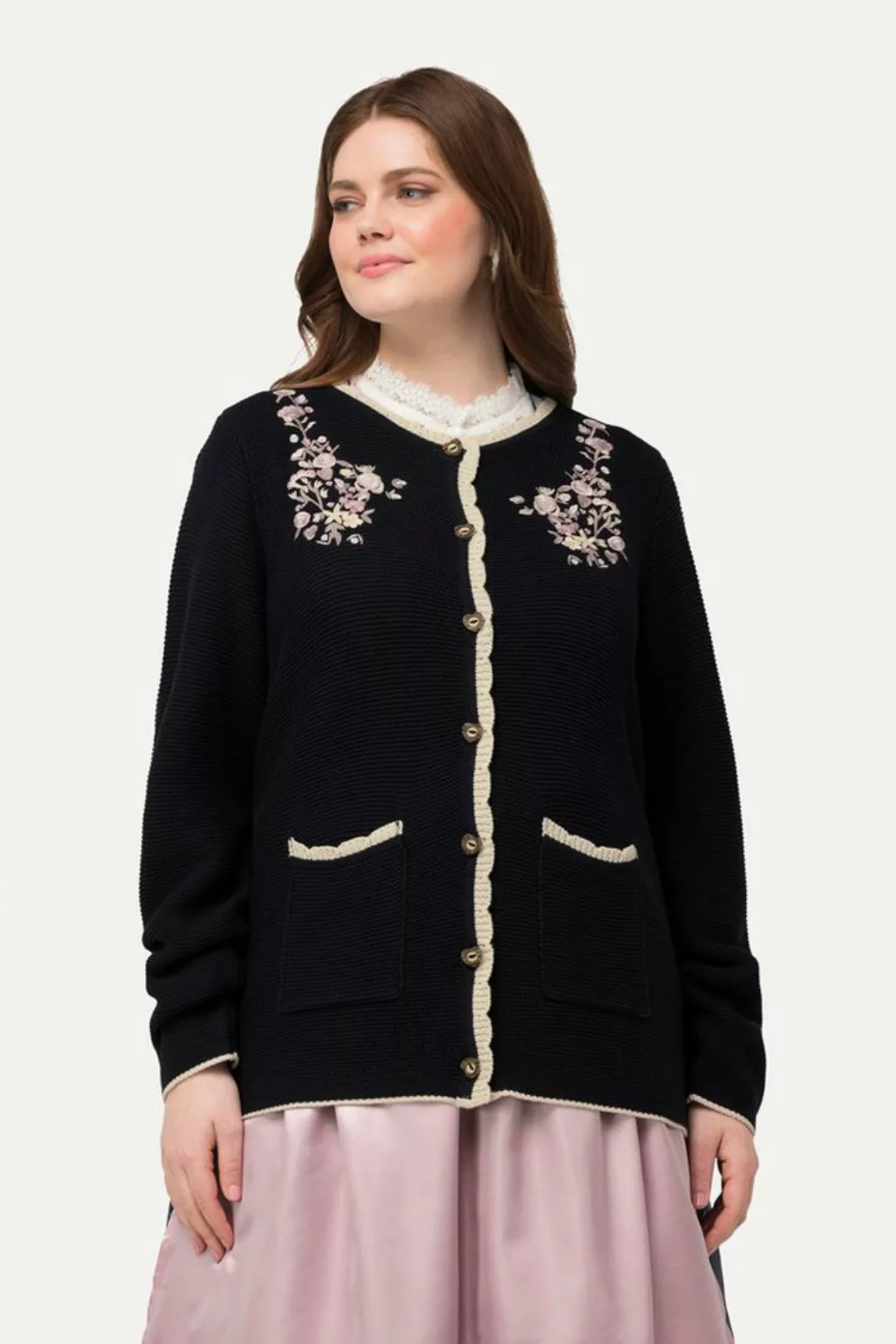 Ulla Popken Strickjacke Trachten-Strickjacke Blütenstickerei Rundhals günstig online kaufen