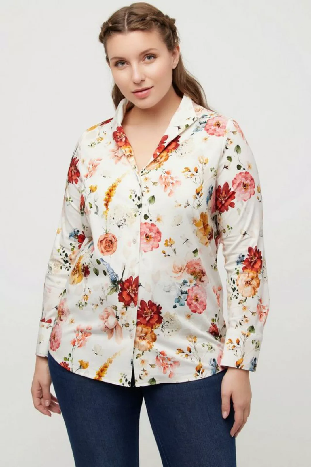 Ulla Popken Longbluse Bluse Blumen Kelchkragen V-Ausschnitt Langarm günstig online kaufen