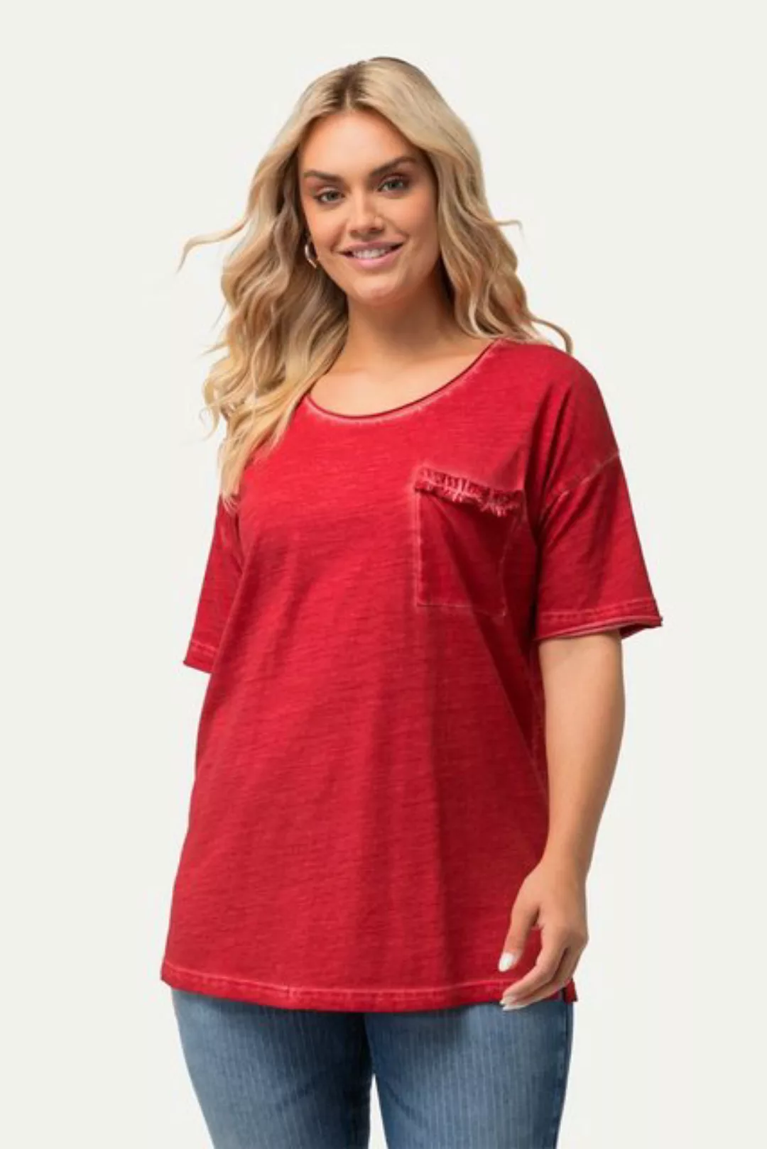 Ulla Popken T-Shirt T-Shirt oversized Rüschen-Brusttasche Halbarm günstig online kaufen