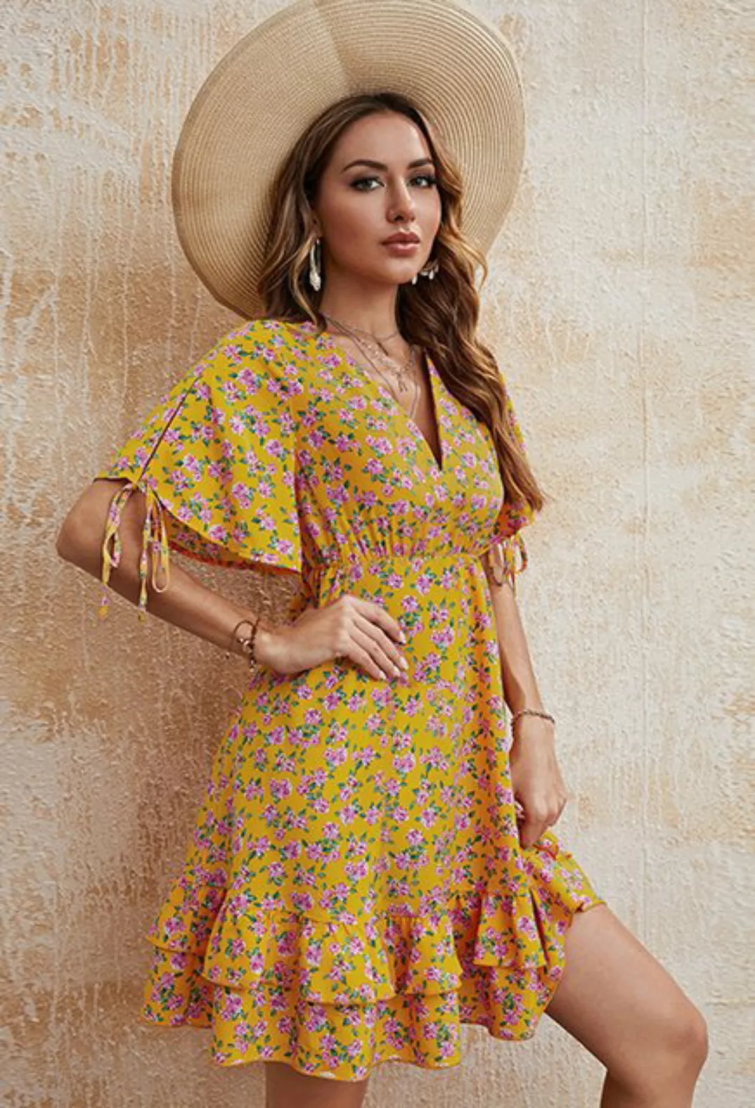 SEGUEN Sommerkleid V-Ausschnitt Blumen Slim Kleid Damen Sommer (Atmungsakti günstig online kaufen
