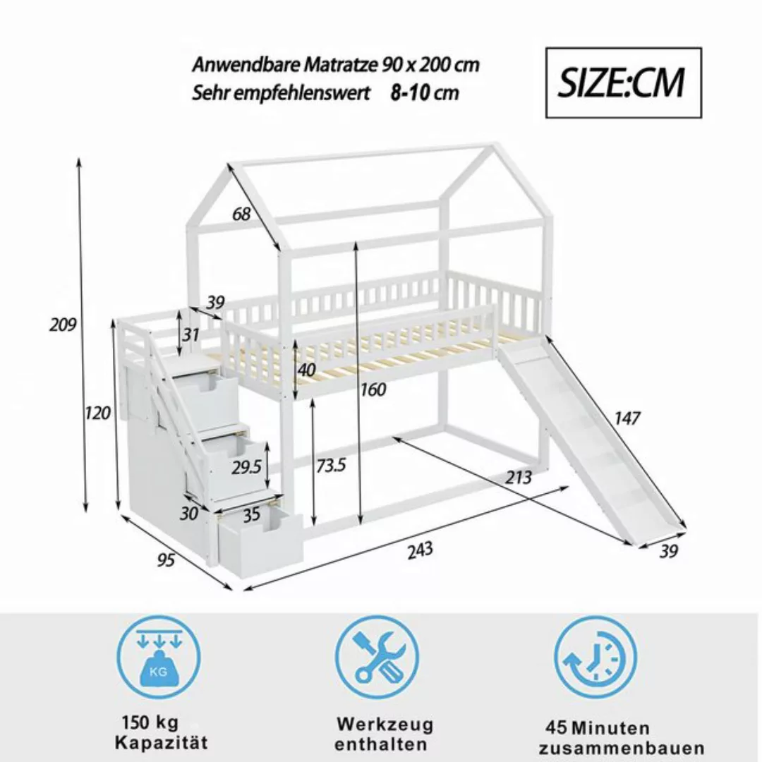 Gotagee Kinderbett Kinderbett 90x200cm Hochbett mit Rutsche und Stauraum Et günstig online kaufen