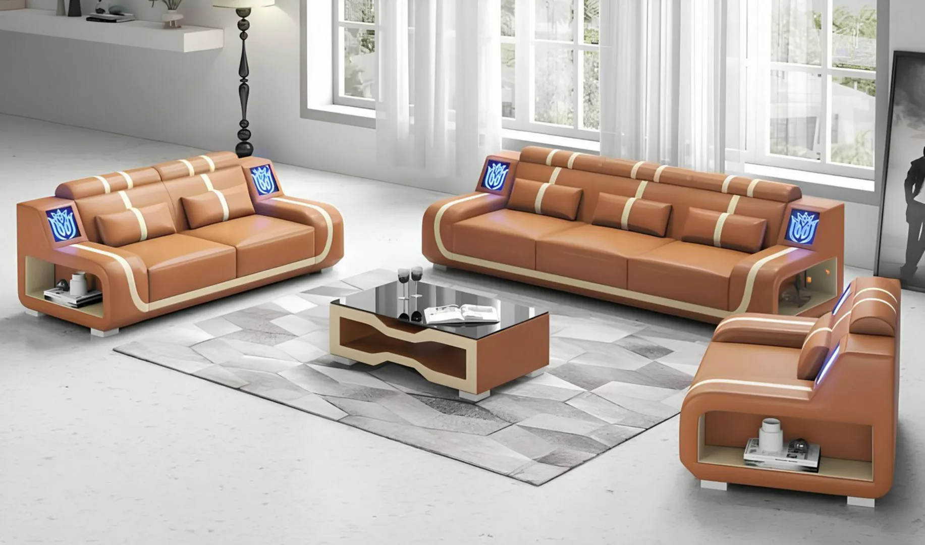 Xlmoebel Sofa 3-teiliges Ledersofaset in Braun für das Wohnzimmer, Hergeste günstig online kaufen