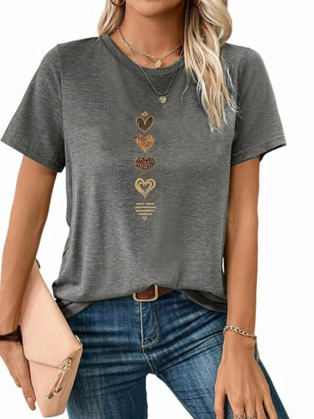 PYL Kurzarmshirt Damen Sommer Casual Elastizität T-Shirt mit Liebe Print Te günstig online kaufen