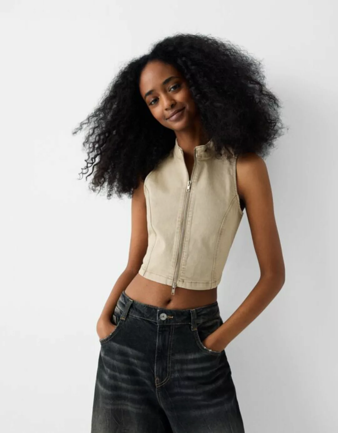 Bershka Neckholder-Top Aus Serge Mit Reißverschluss Damen S Camel günstig online kaufen