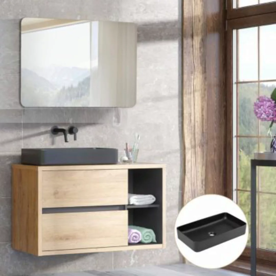 Lomadox Waschtisch Set mit LED Spiegel und Keramik Aufsatzbecken schwarz ma günstig online kaufen