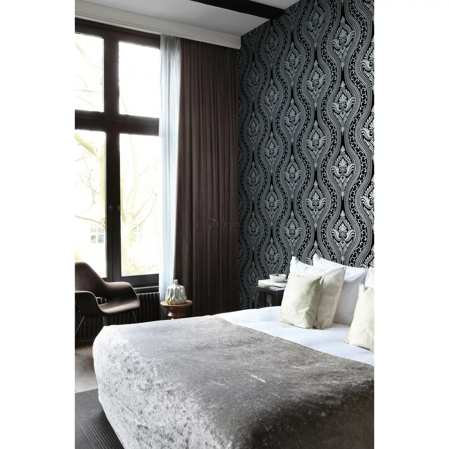 Origin Wallcoverings Tapete Flock-Barockmuster Schwarz 53 cm x 10,05 m 3466 günstig online kaufen