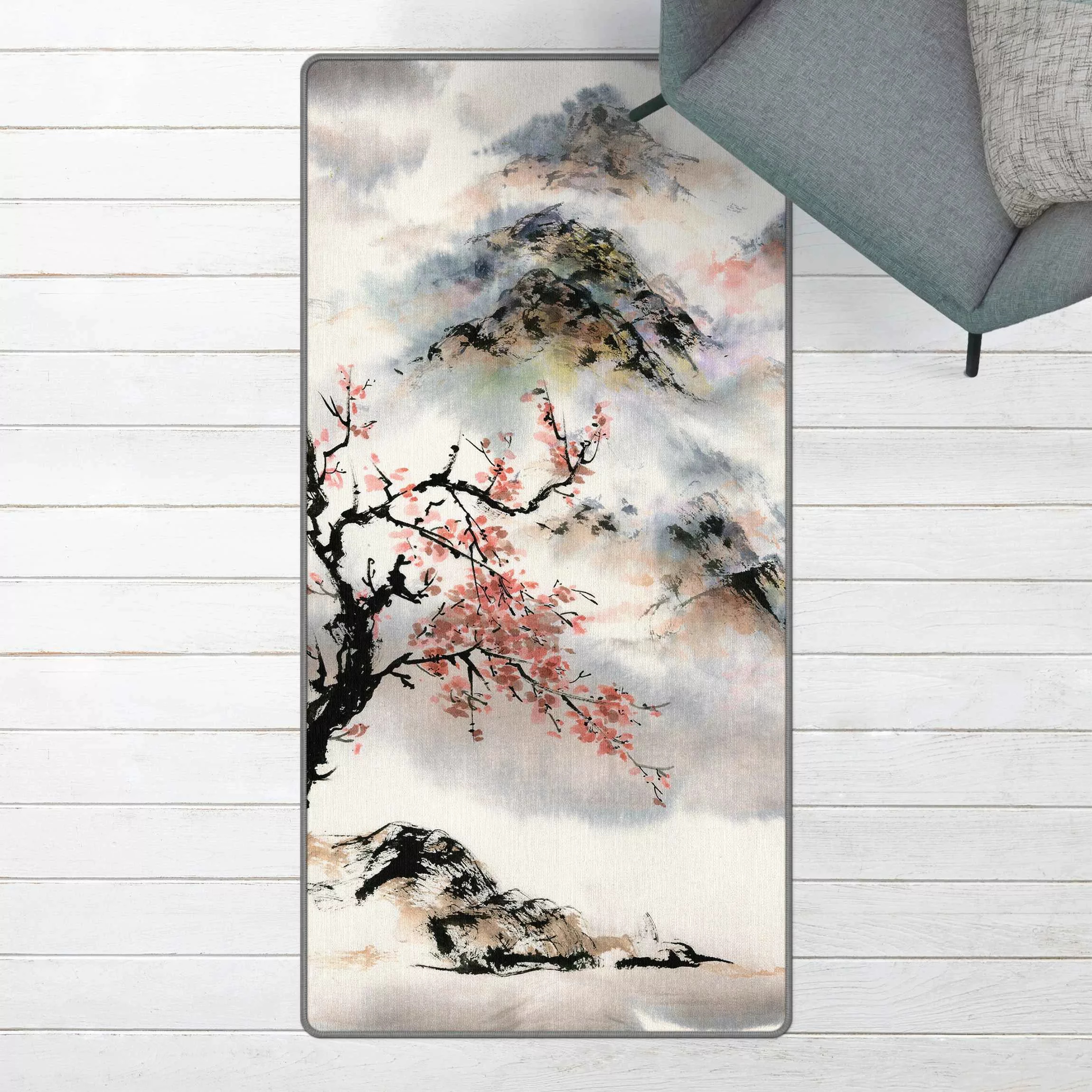 Teppich Japanische Aquarell Zeichnung Kirschbaum und Berge günstig online kaufen