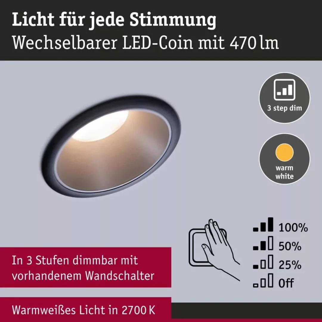 LED Deckeneinbaustrahler Coin 6,5W 460lm IP44 3-er Set in Schwarz und Silbe günstig online kaufen