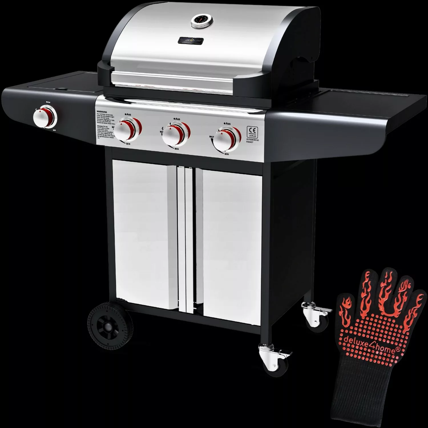 deluxe4home Grillwagen Gasgrill mit Deckel 3 Plus 1 Seitenbrenner Thermomet günstig online kaufen