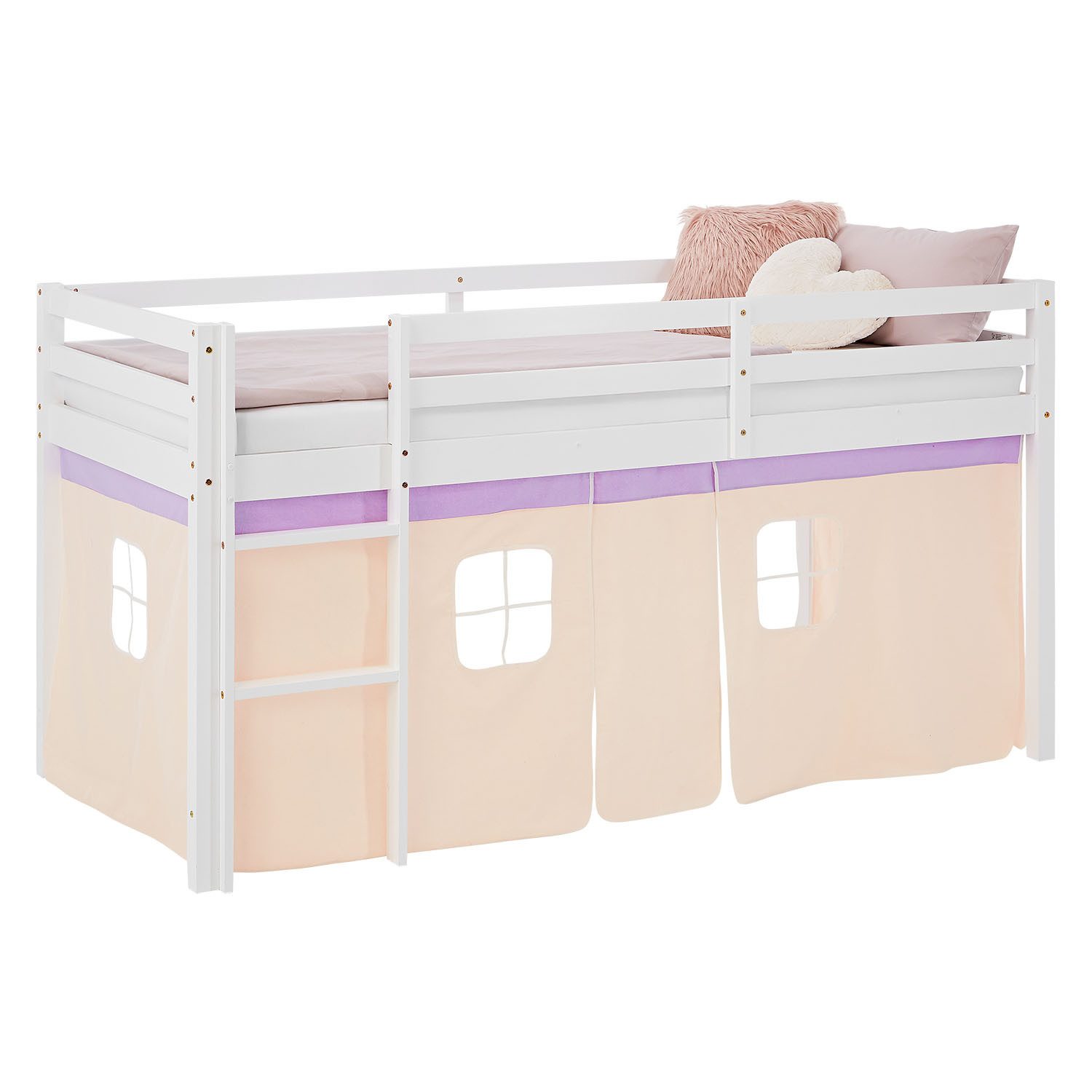 Homestyle4u Kinderbett Hochbett 90x200 mit Lattenrost Vorhang Lila Orange 2 günstig online kaufen