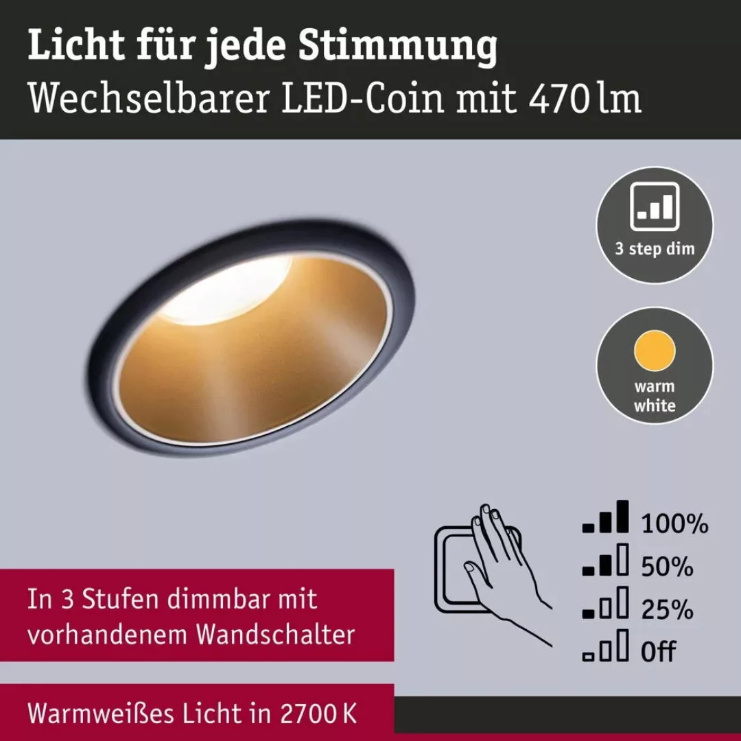 LED Deckeneinbaustrahler Coin 6,5W 460lm IP44 1-er Set in Schwarz und Gold- günstig online kaufen