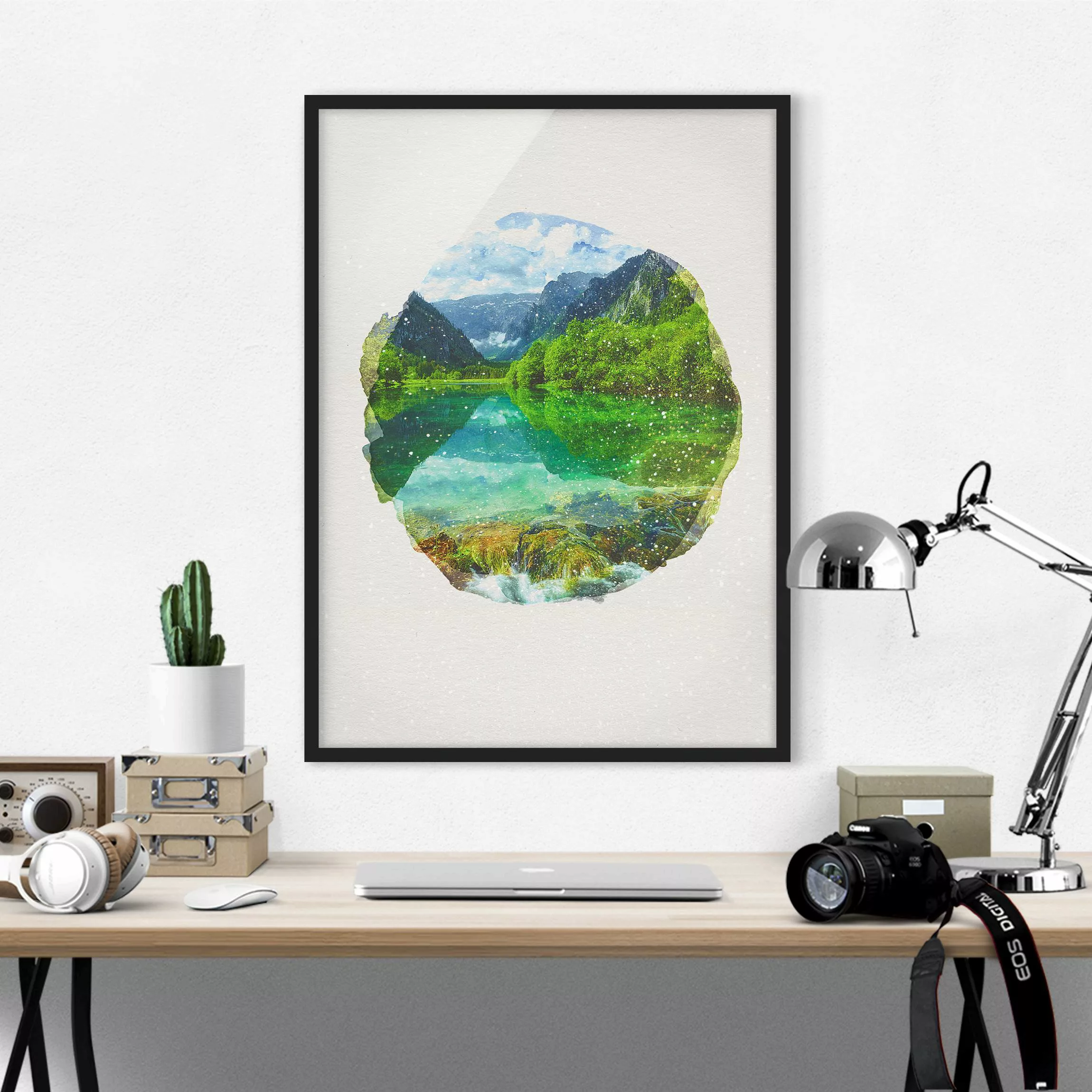 Bild mit Rahmen Natur & Landschaft - Hochformat Wasserfarben - Bergsee mit günstig online kaufen