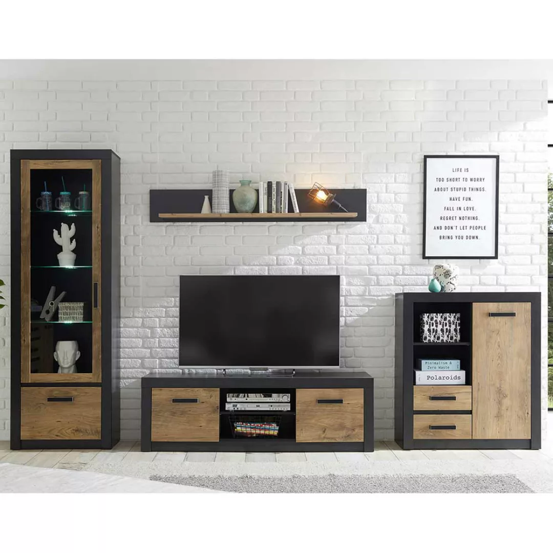 Design Wohnwand in Schwarz und Kastanien Holzoptik 310 cm breit (vierteilig günstig online kaufen