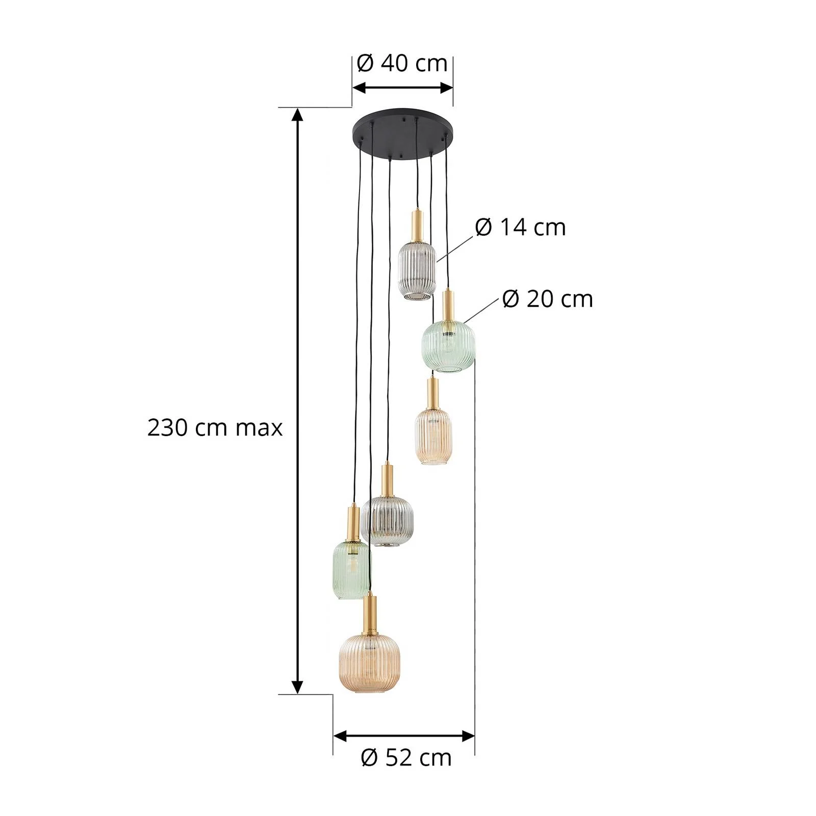 Lindby Hängeleuchte Doroteo, 6-flg., grün/amber/grau, Glas günstig online kaufen