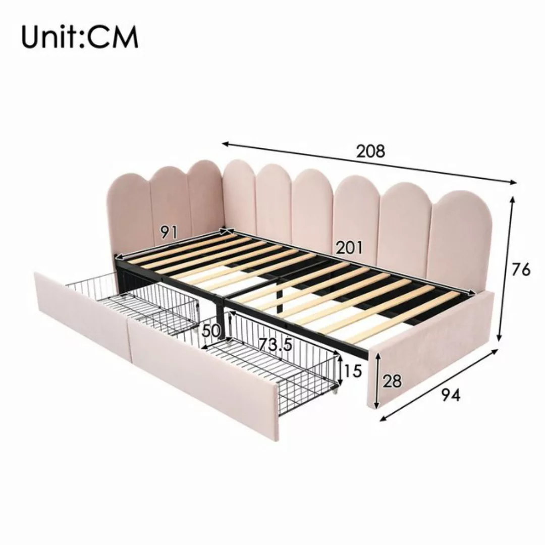 Ulife Daybett Rosa Samt Sofabett Tagesbett Kinderbett mit 2 Schubladen, Lat günstig online kaufen