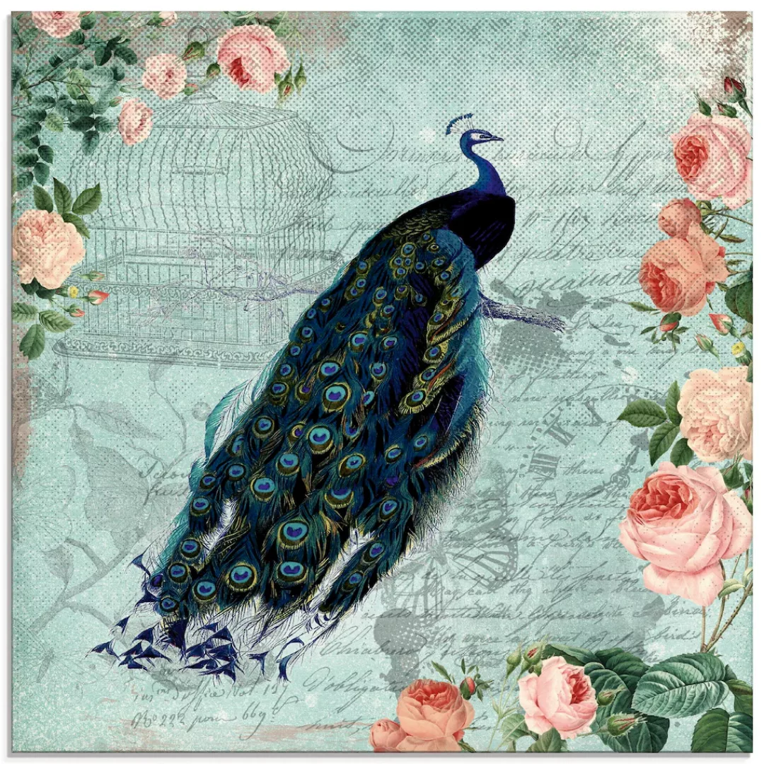 Artland Glasbild "Vintage Rosen und Pfau Illustration", Vögel, (1 St.), in günstig online kaufen