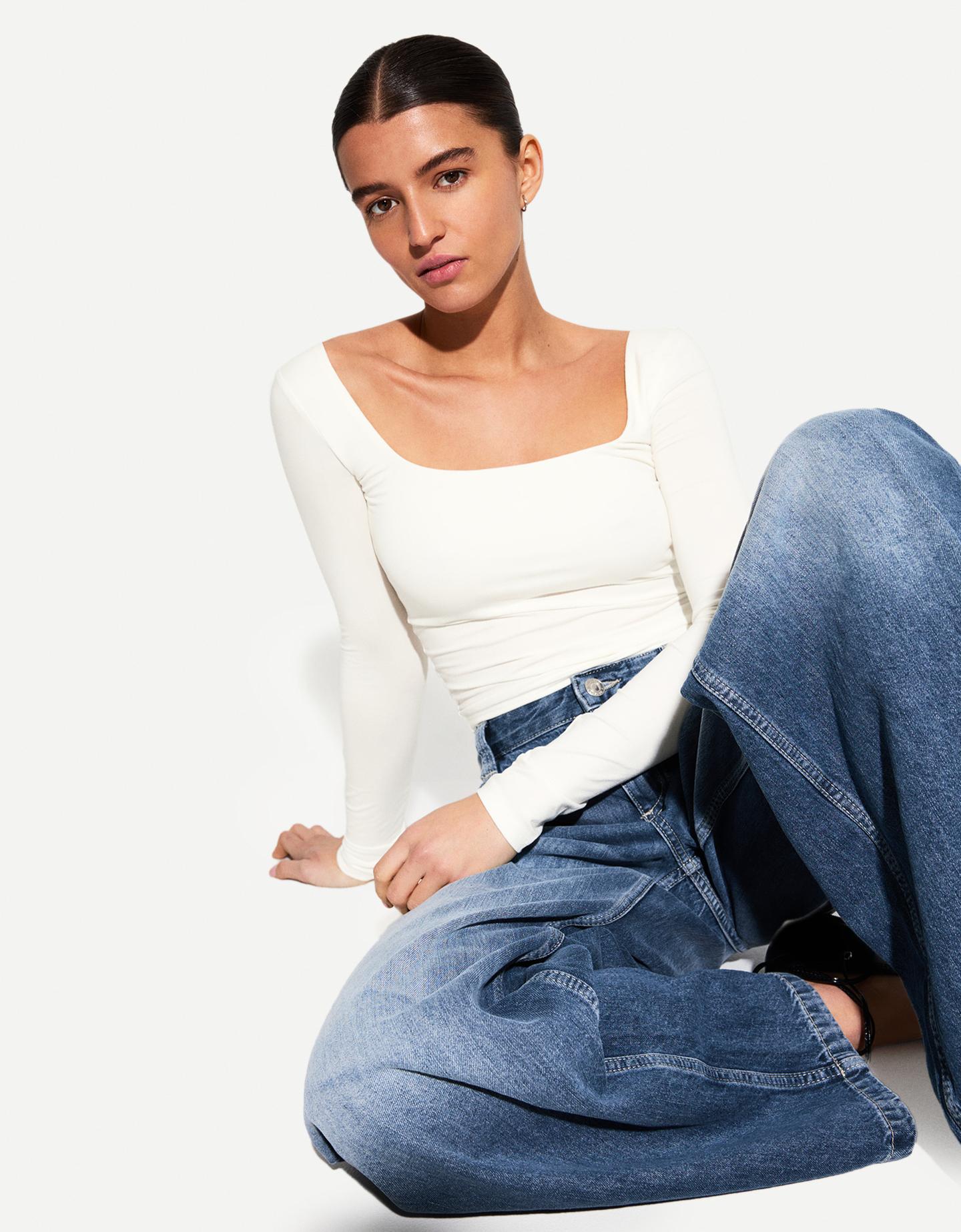 Bershka Shirt Mit Langen Ärmeln Und Kastenausschnitt Damen Xs Grbrochenes W günstig online kaufen