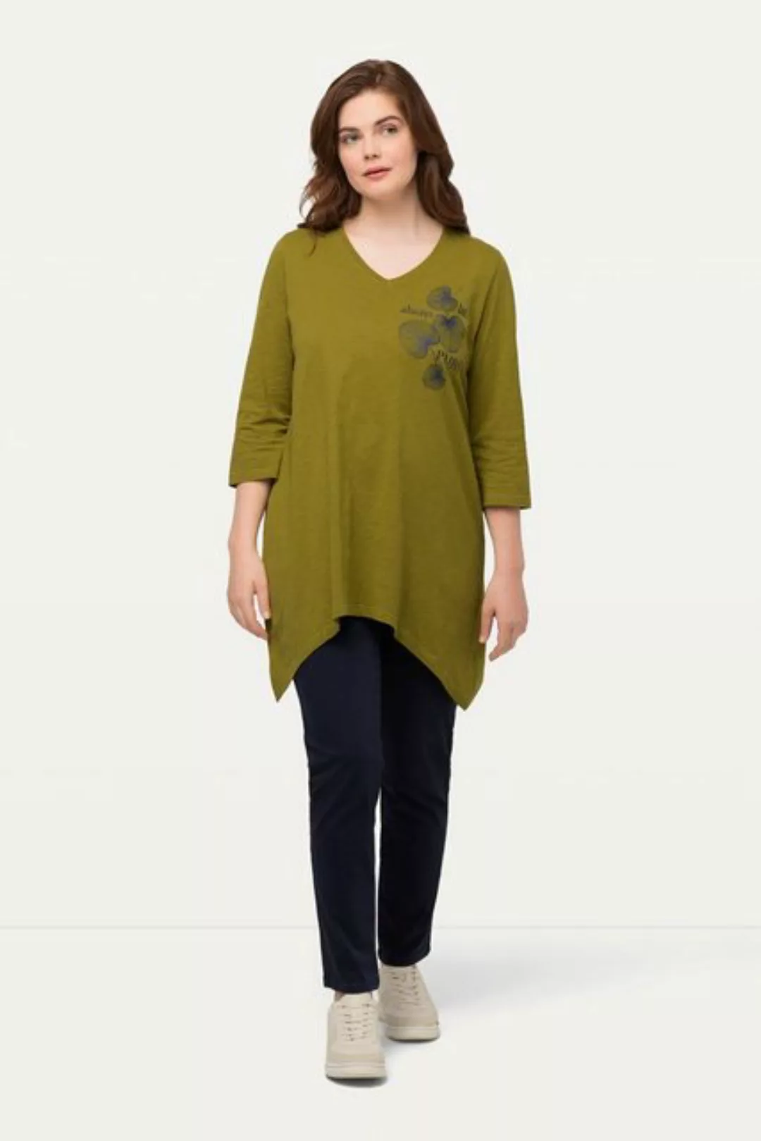Ulla Popken Longshirt Shirt Blätter V-Ausschnitt 3/4-Arm Biobaumwolle günstig online kaufen