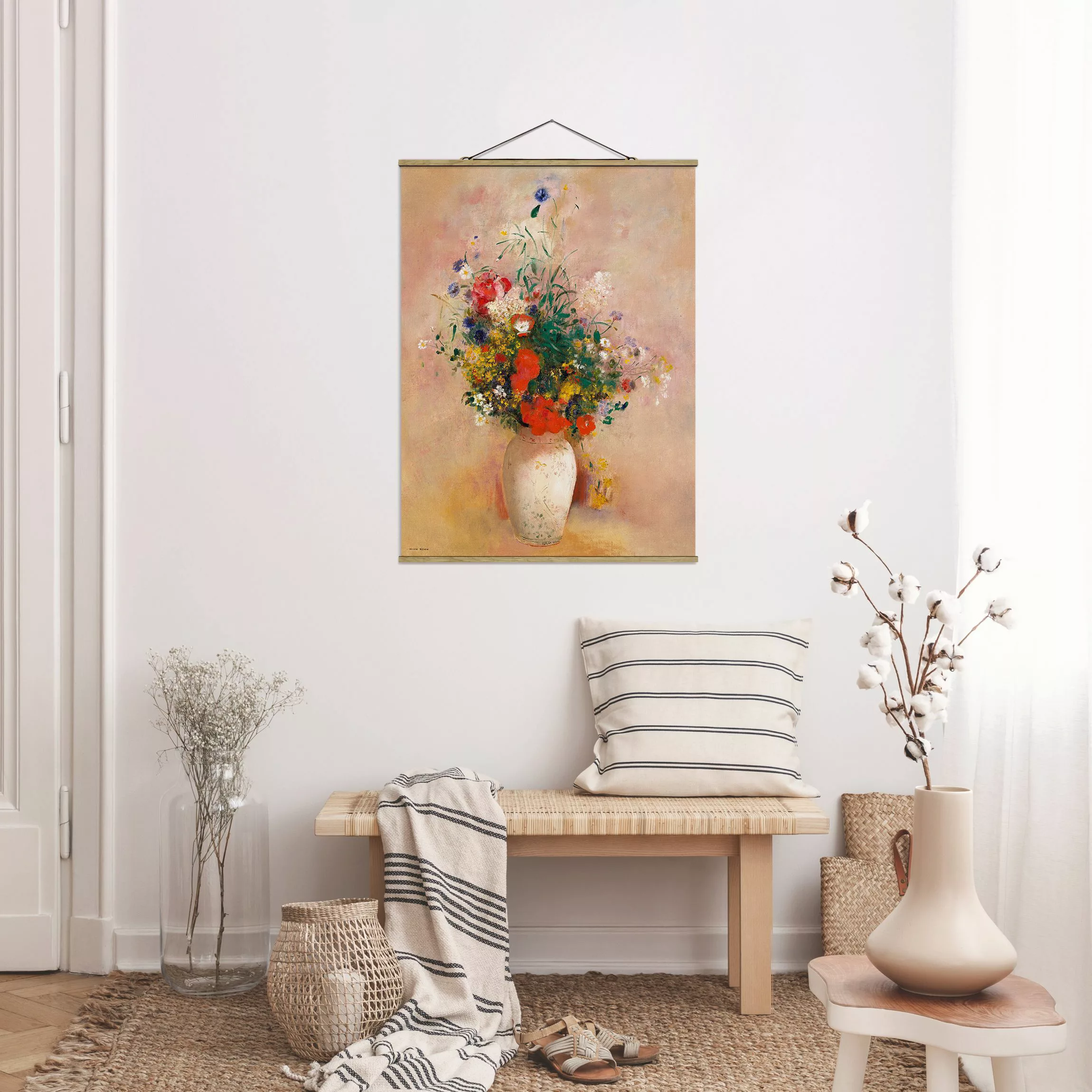 Stoffbild Blumen mit Posterleisten - Hochformat Odilon Redon - Vase mit Blu günstig online kaufen