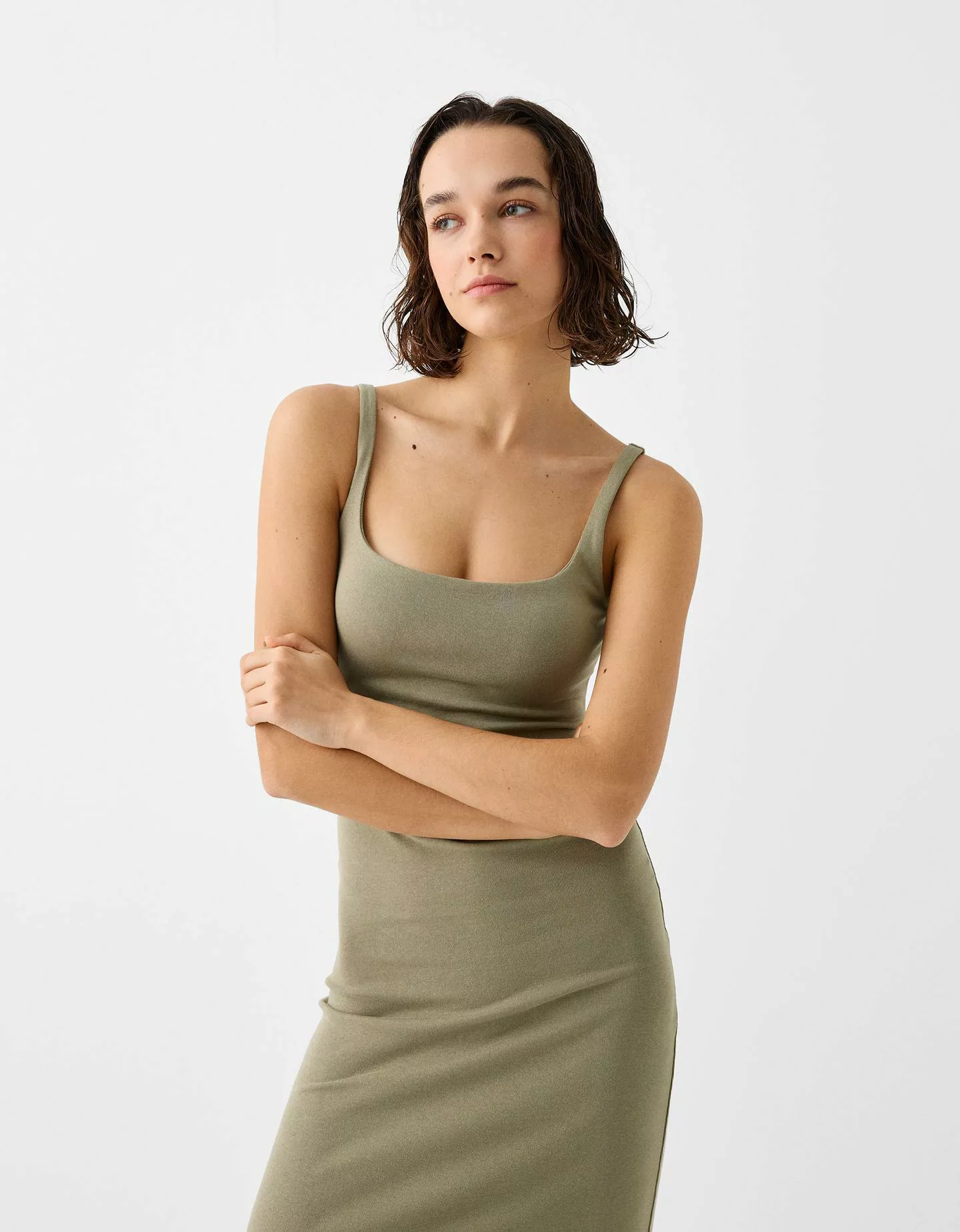 Bershka Midikleid Mit Trägern Und Kastenausschnitt Damen Xs Khaki günstig online kaufen