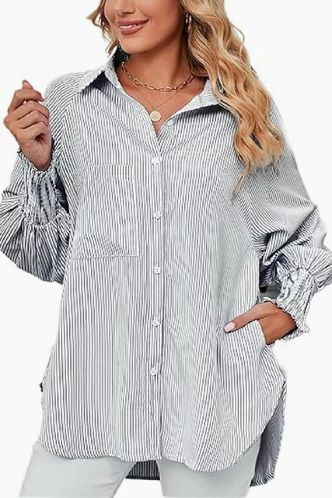 ENIX Streifenhemd Lässiges langärmeliges Damen-Revershemd mit Taschen Gestr günstig online kaufen