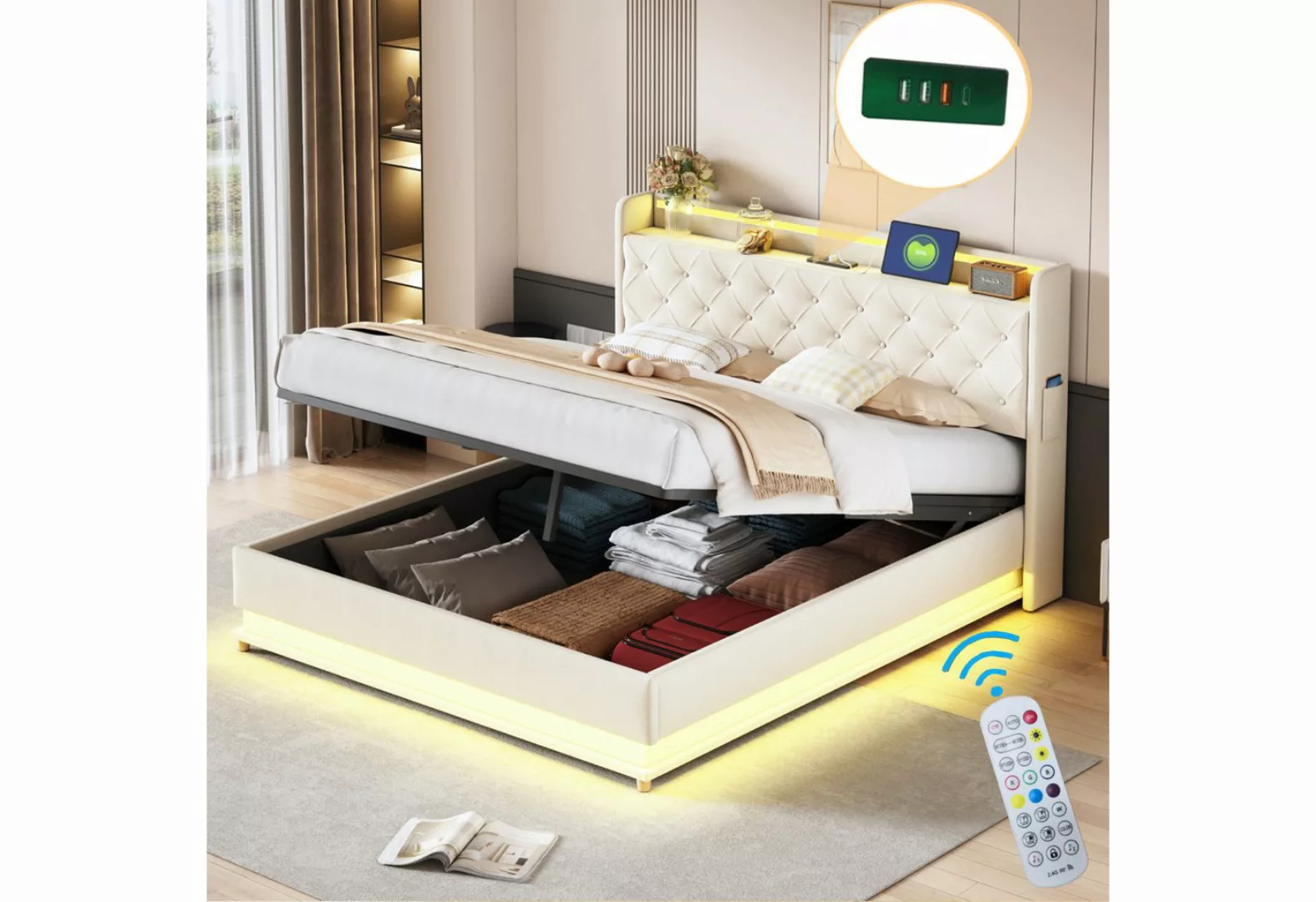 HAUSS SPLOE Polsterbett 160x200 cm mit USB-Anschluss und LED-Beleuchtung, L günstig online kaufen