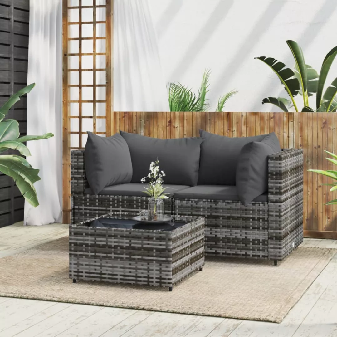 Vidaxl 3-tlg. Garten-lounge-set Mit Kissen Grau Poly Rattan günstig online kaufen