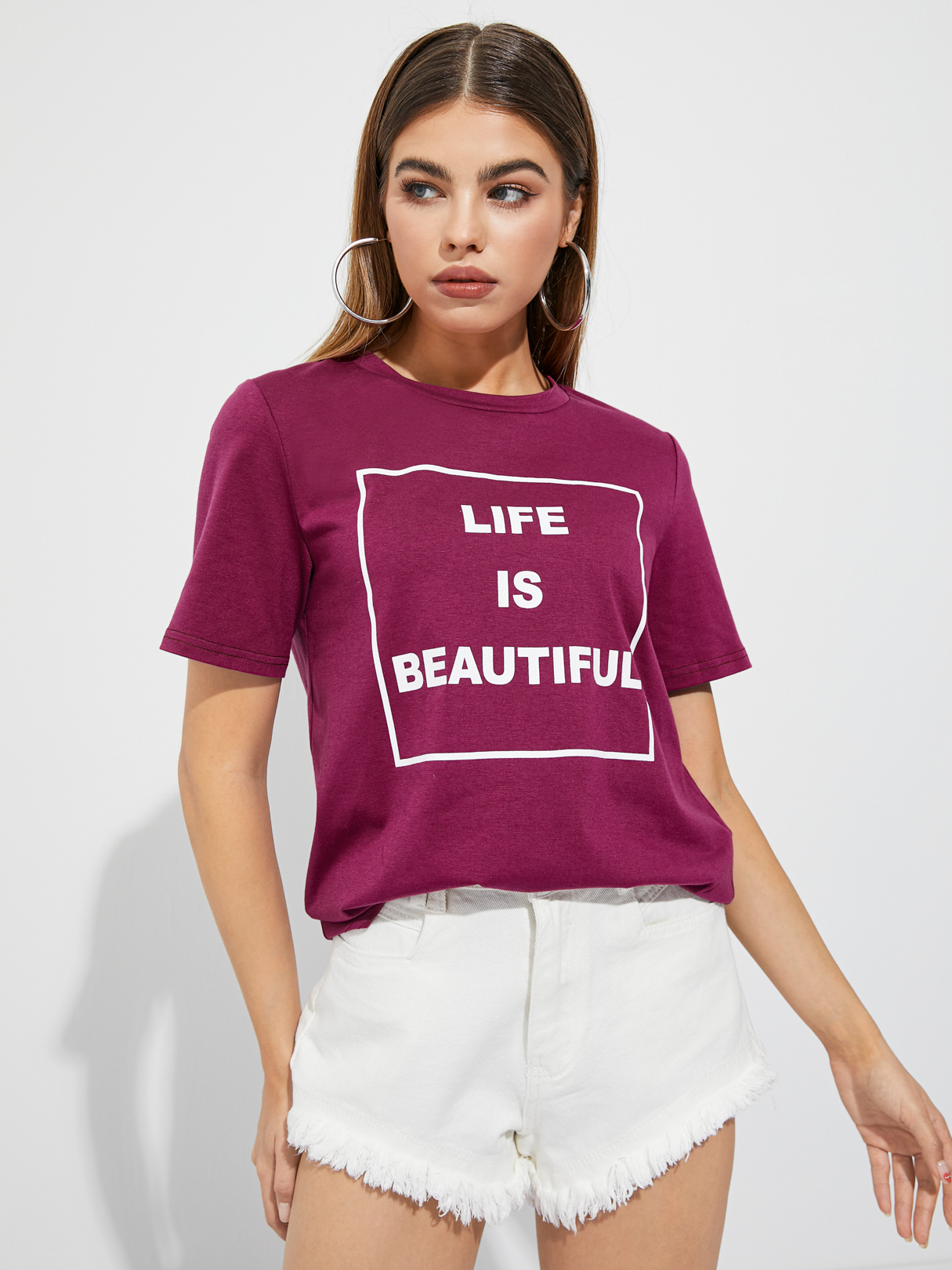 YOINS Round Neck Letter Kurzarm T-Shirt günstig online kaufen