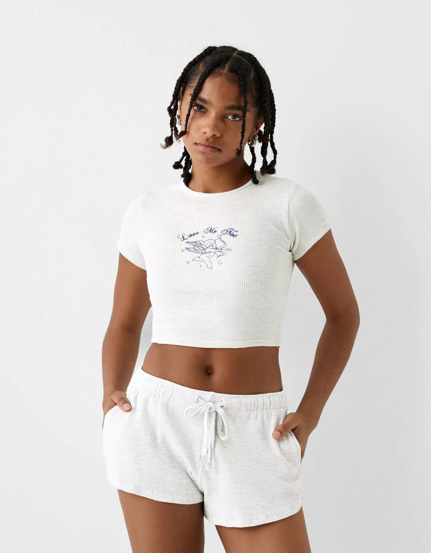 Bershka T-Shirt Aus Waffelgewebe Mit Kurzen Ärmeln Damen M Grau günstig online kaufen