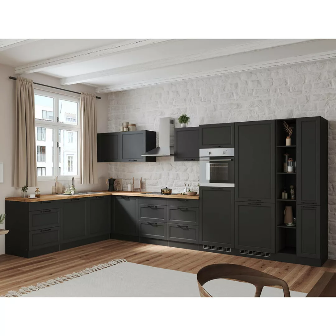 Winkelküche 420/240 cm mit E-Geräten in grau, Arbeitsplatte in Eiche, MONTE günstig online kaufen