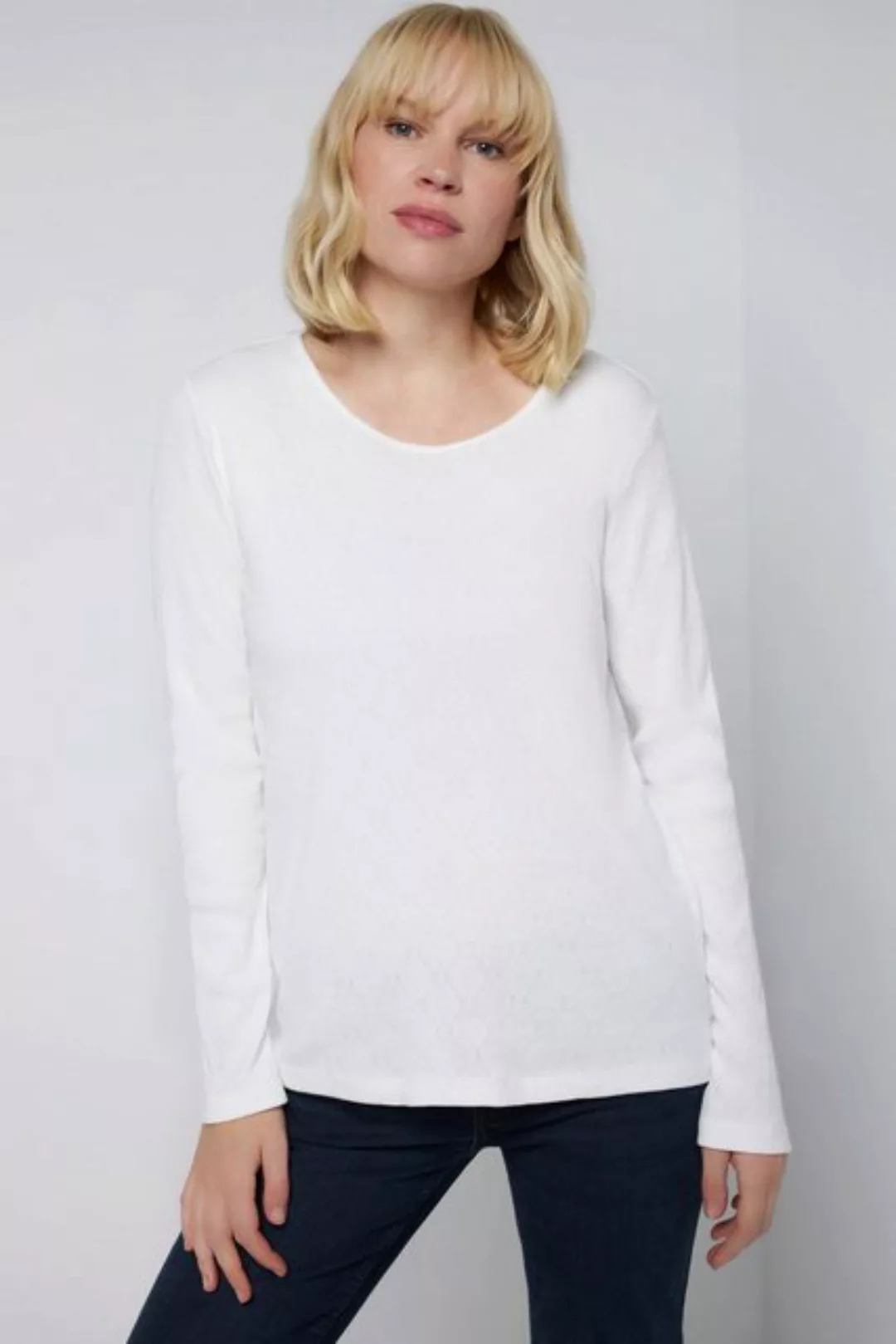 Gina Laura Longsleeve Shirt Ajour-Rippjersey tailliert Rundhals Langarm günstig online kaufen