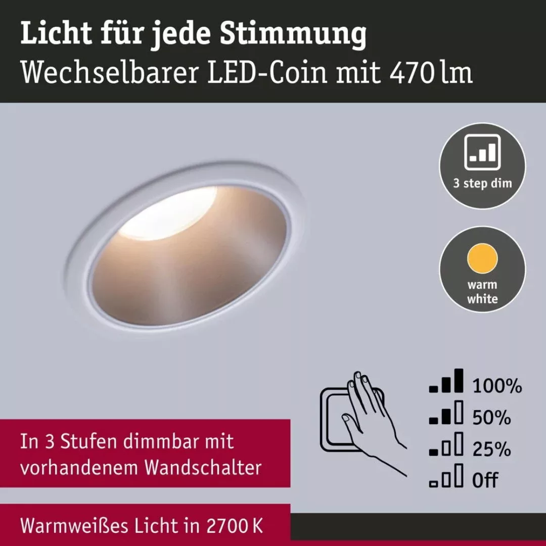 LED Deckeneinbaustrahler Coin 6,5W 460lm IP44 3-er Set in Weiß und Silber günstig online kaufen