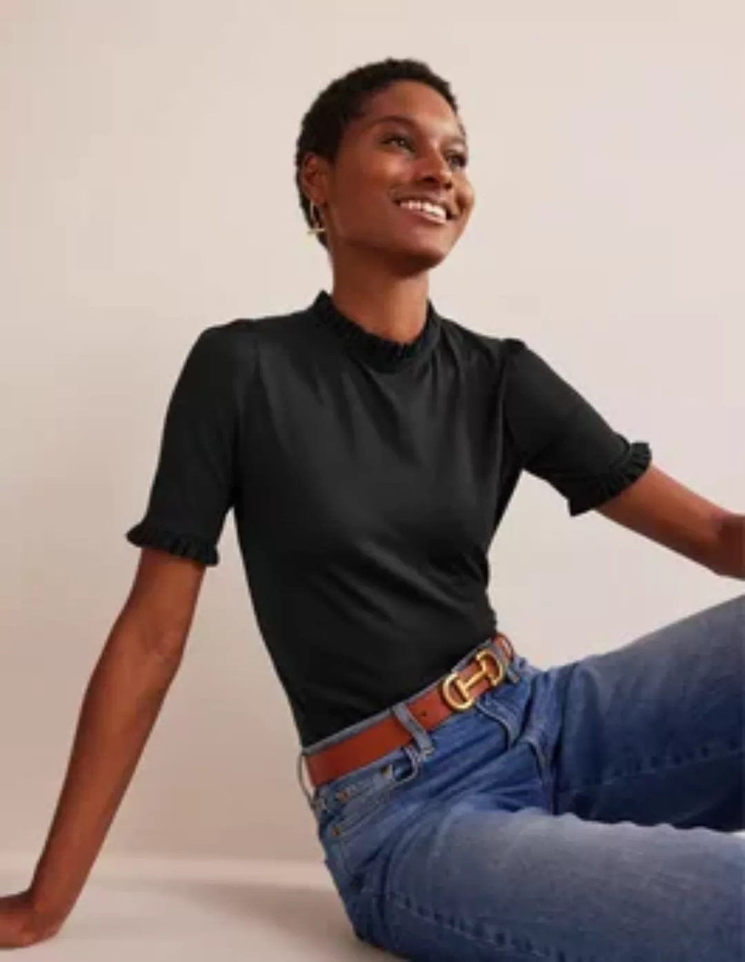 Superweiches T-Shirt mit Rüschendetail Damen Boden, Schwarz günstig online kaufen