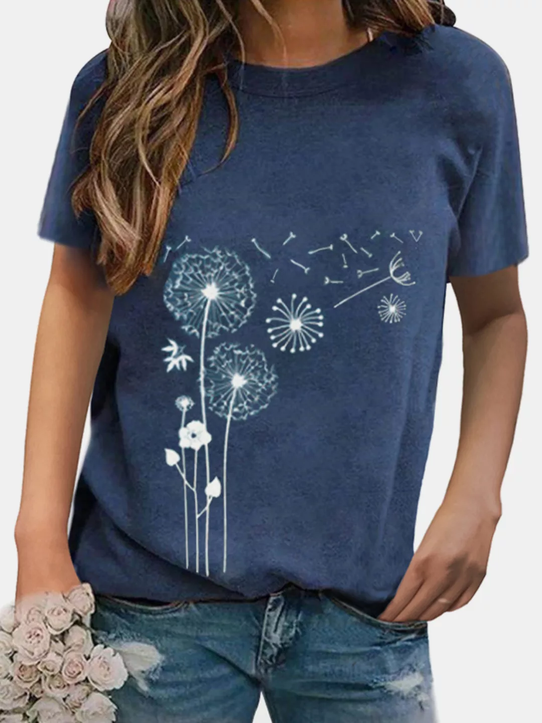 Kurzarm-T-Shirt mit Rundhalsausschnitt und Blumendruck für Damen günstig online kaufen