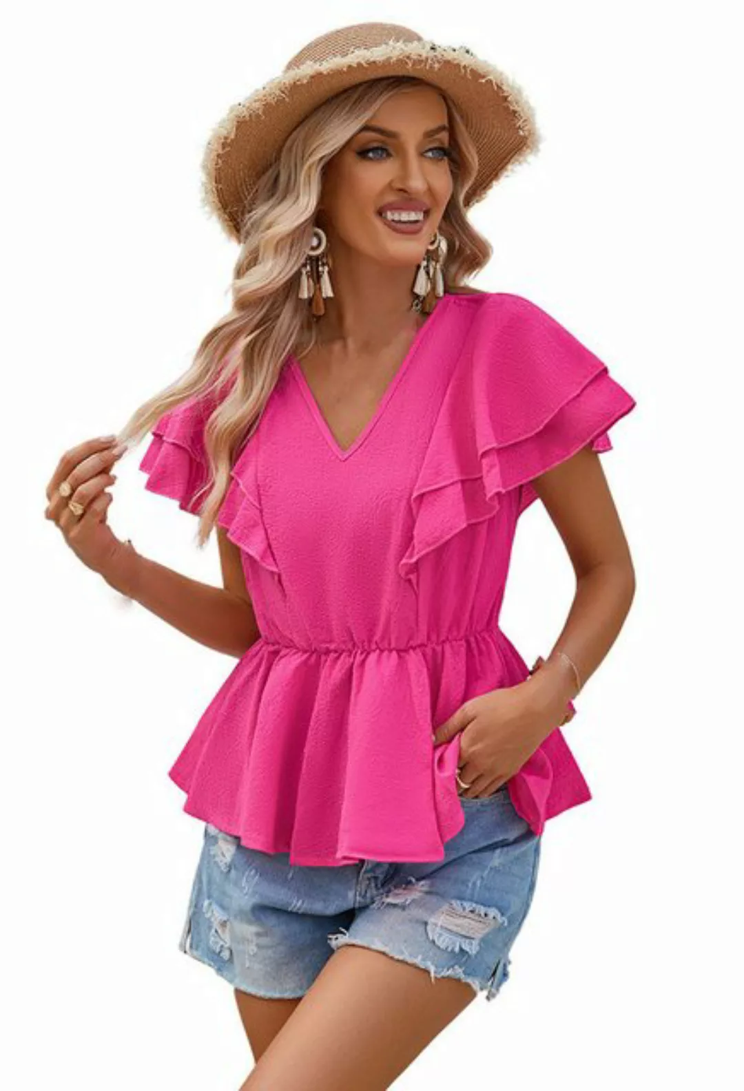 CHENIN Kurzarmhemd Damen Casual V-Ausschnitt Ruffle T-Shirt Unifarbene kurz günstig online kaufen