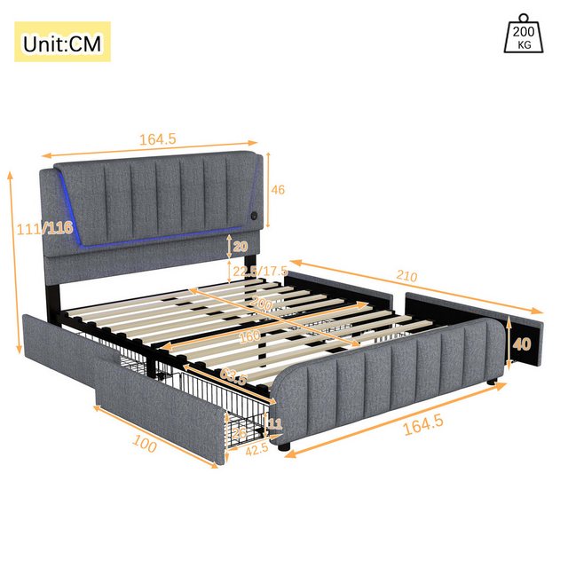 Flieks Polsterbett, LED Doppelbett 160x200cm mit 4 Schubladen und verstellb günstig online kaufen