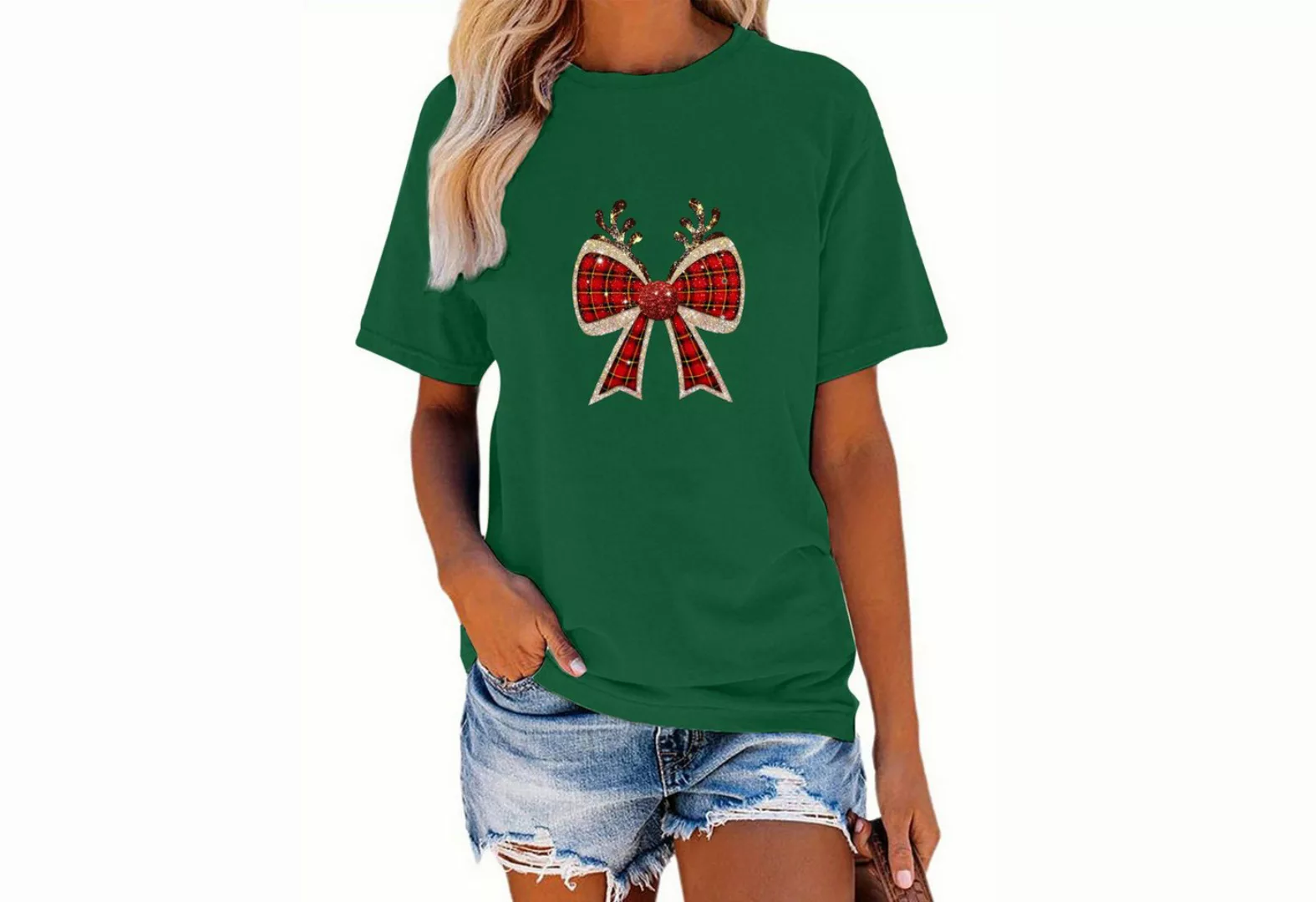 PYL Kurzarmbluse Damen Christmas Sommer Kurzarmbluse Fliege Print-Shirt Cas günstig online kaufen