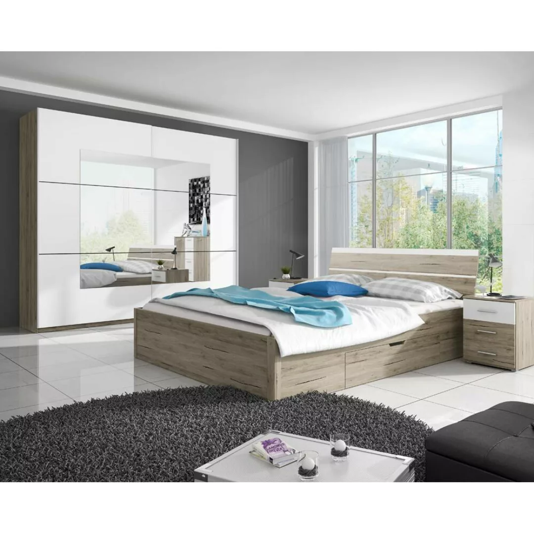 Schlafzimmer Doppelbett Kombination mit Kleiderschrank und 2 Nachttischen i günstig online kaufen