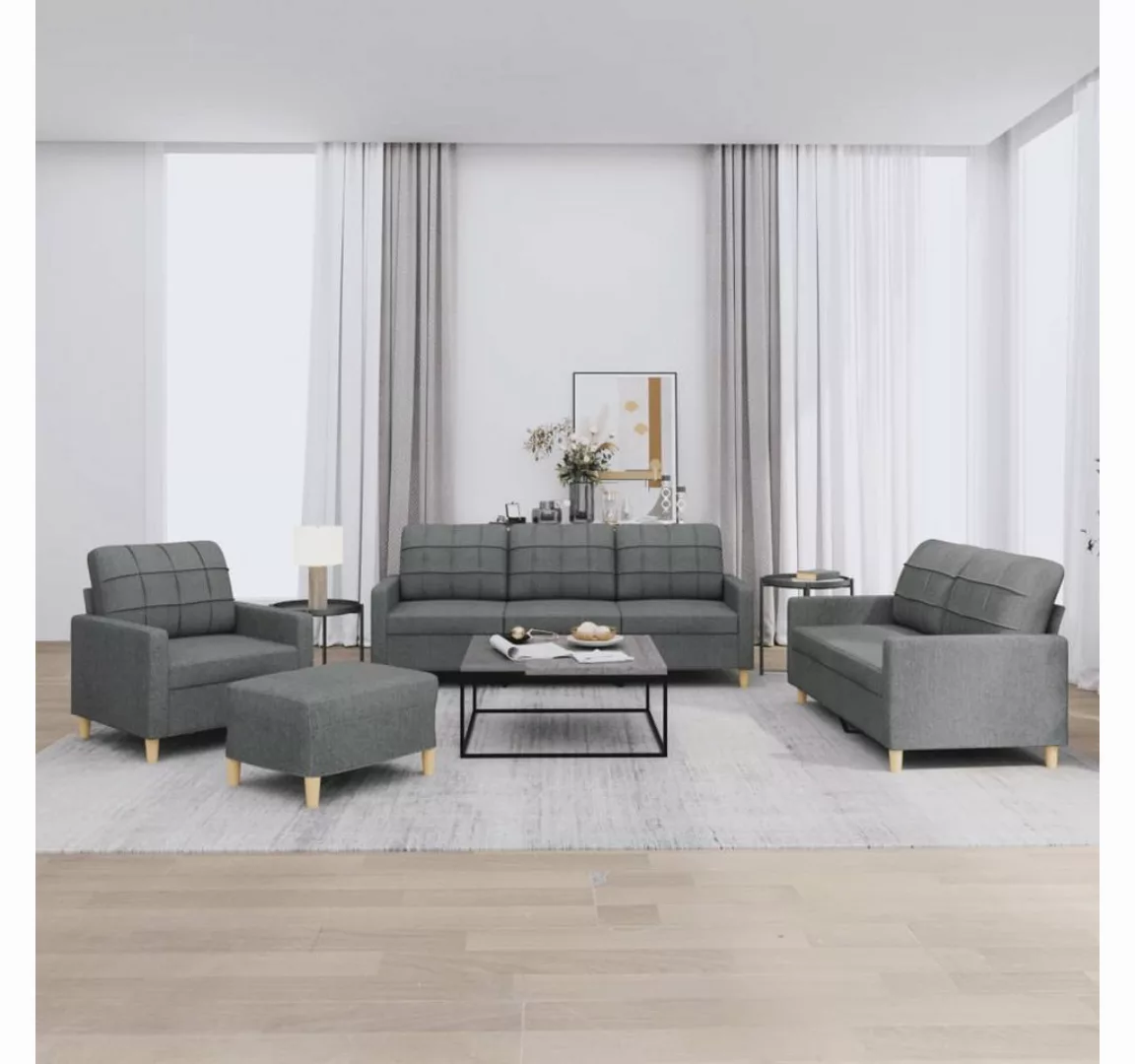 vidaXL Sofa Sofagarnitur mit Kissen Stoff, Standard + Hocker, Dunkelgrau günstig online kaufen