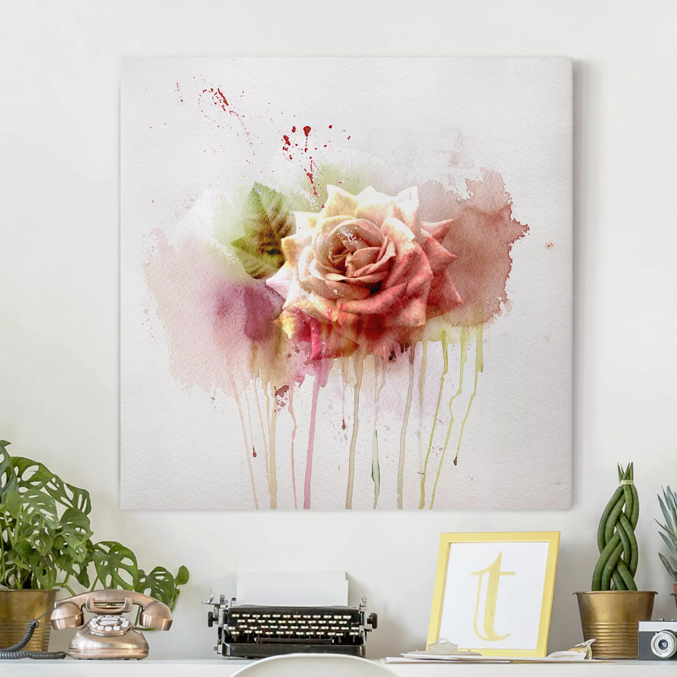 Leinwandbild Blumen - Quadrat Aquarell Rose günstig online kaufen