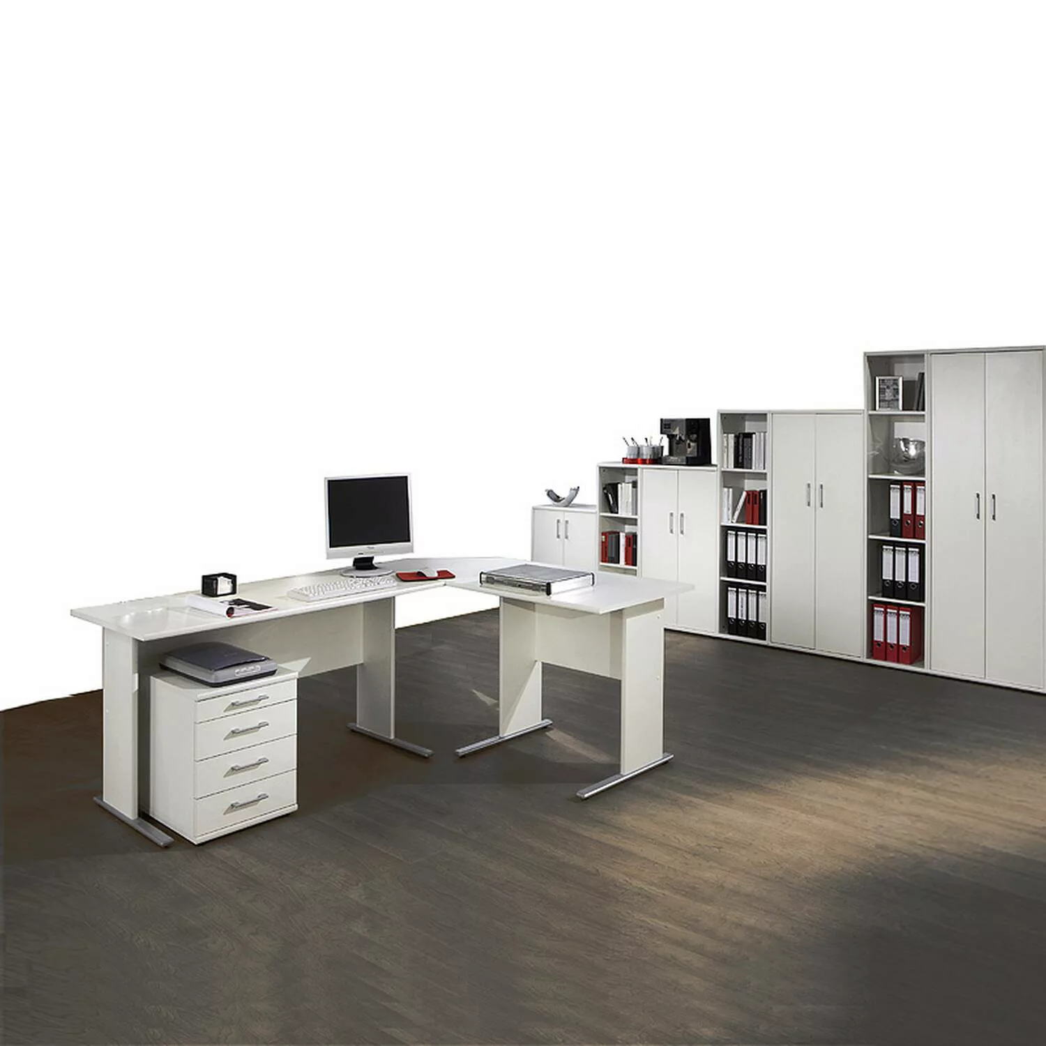 Büromöbel Set STETTIN-16 weiß, Eckschreibtisch mit Container, 3 Aktenregale günstig online kaufen