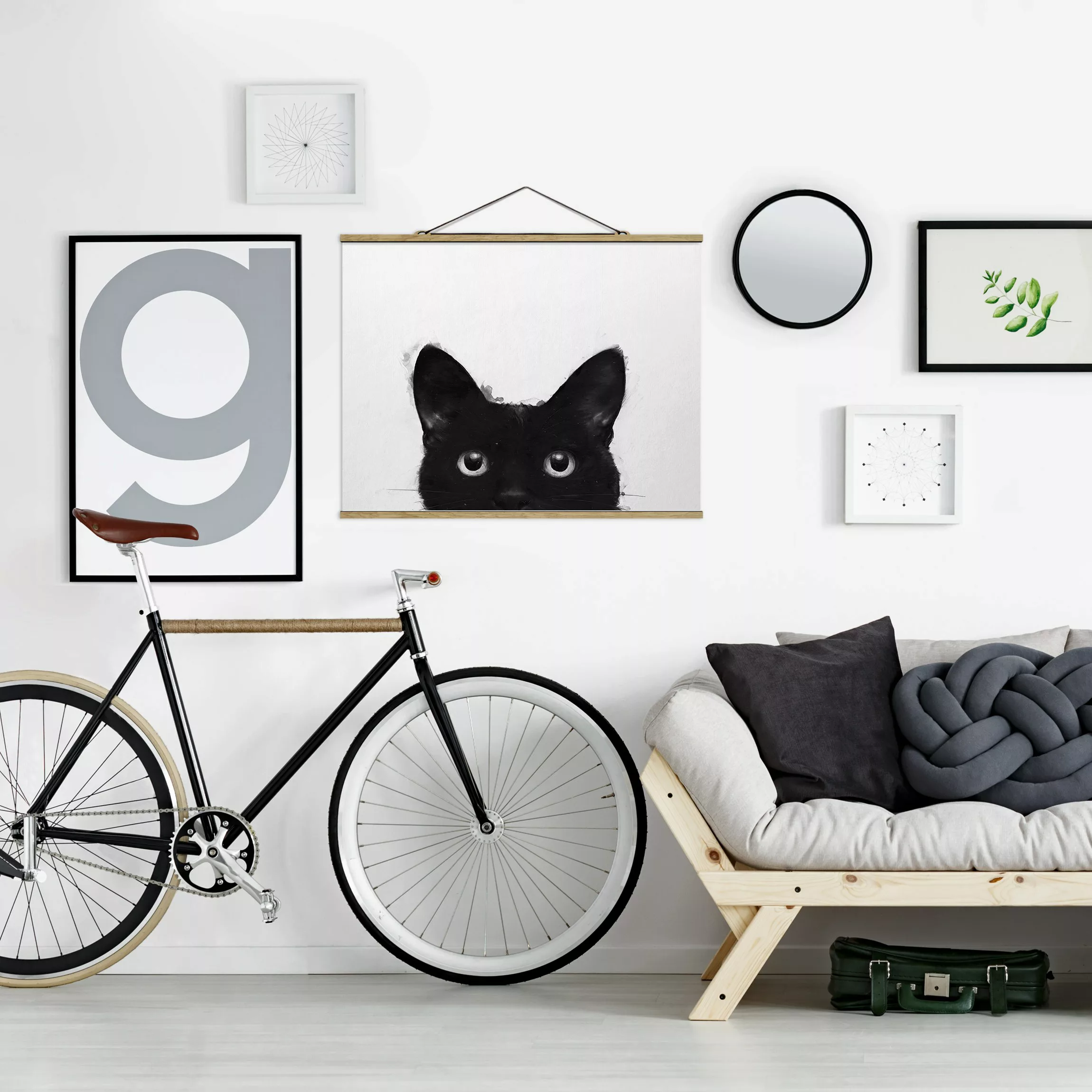 Stoffbild Tiere mit Posterleisten - Querformat Illustration Schwarze Katze günstig online kaufen