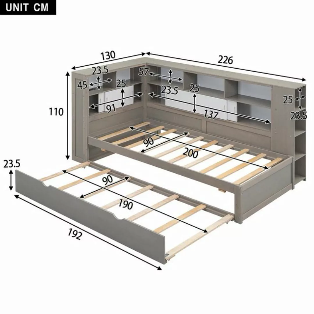 HAUSS SPLOE Holzbett 90x200cm mit Ausziehbett(90x190cm),Staufach und USB, G günstig online kaufen