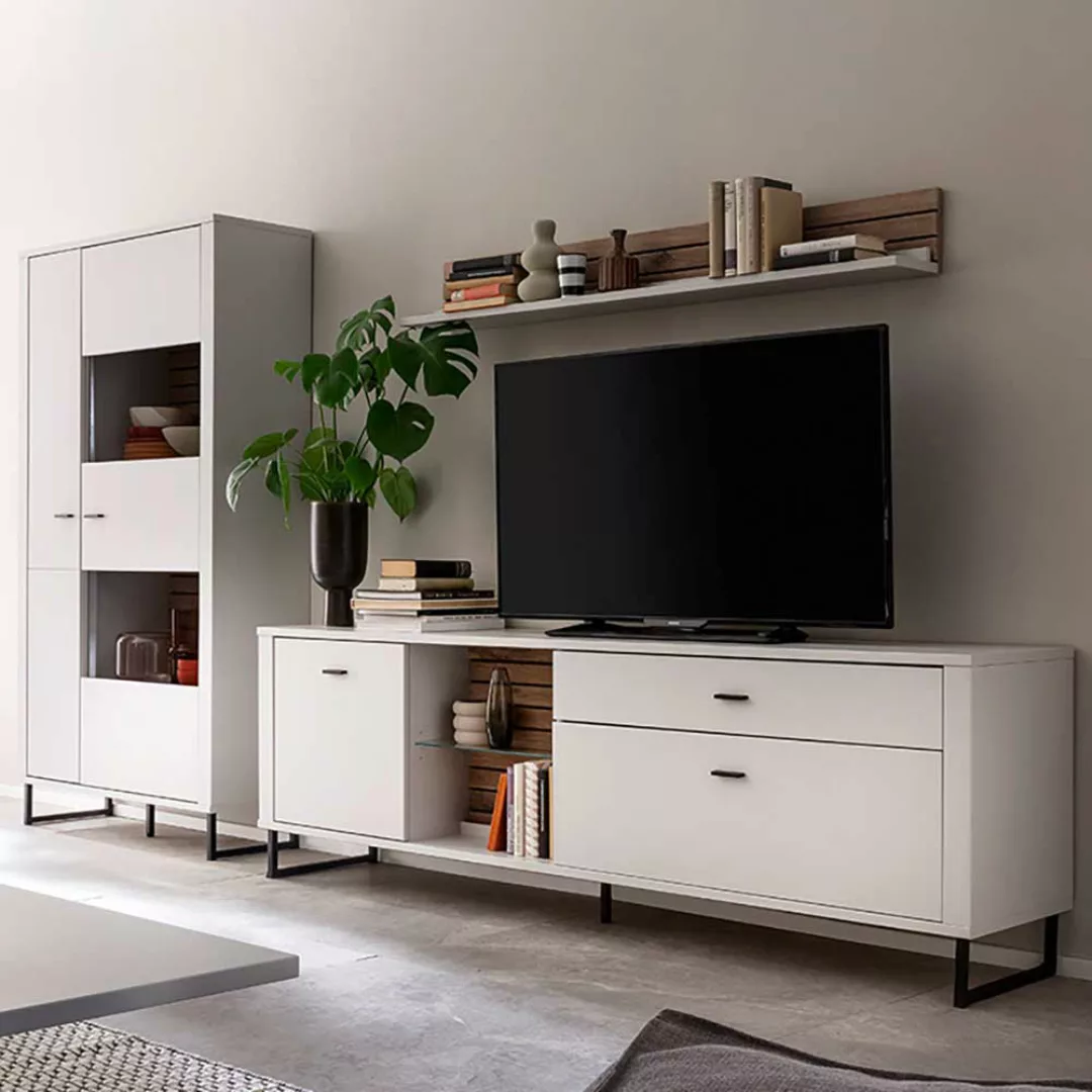 Moderne Wohnzimmerschrankwand in Weiß Wildeichefarben (dreiteilig) günstig online kaufen